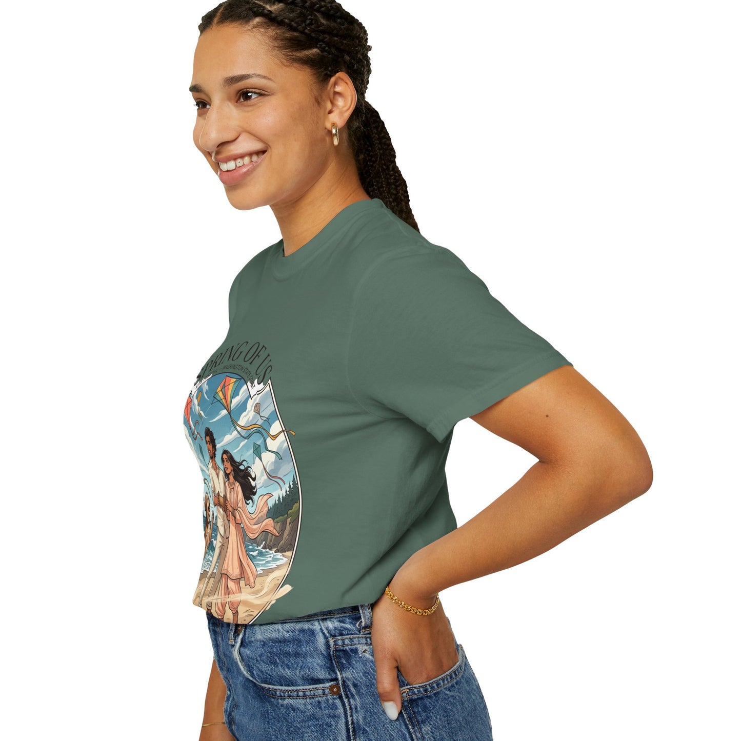 Spring of Us T-Shirt — Romantic Beach Couple Illustration with Dog