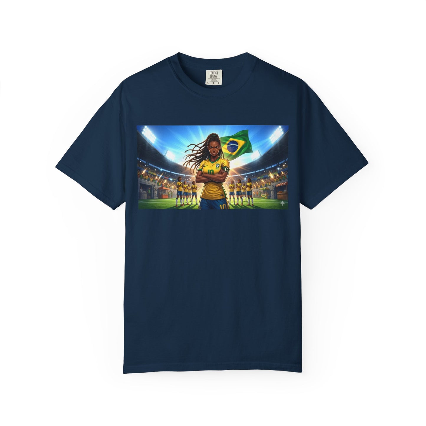 Brazil Soccer Captain T-Shirt — Player Holding Ball with Brazilian Flag Stadium Graphic