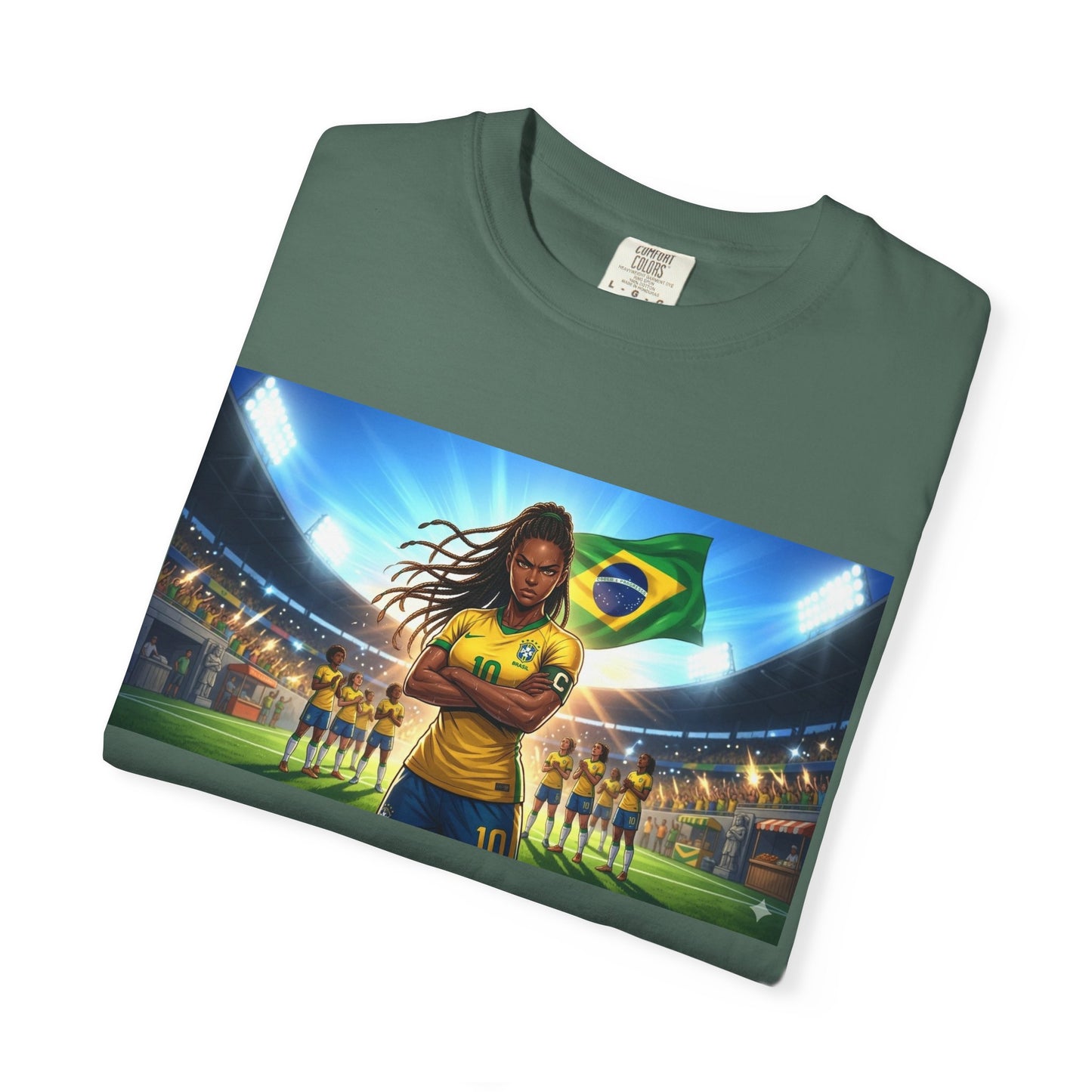 Brazil Soccer Captain T-Shirt — Player Holding Ball with Brazilian Flag Stadium Graphic