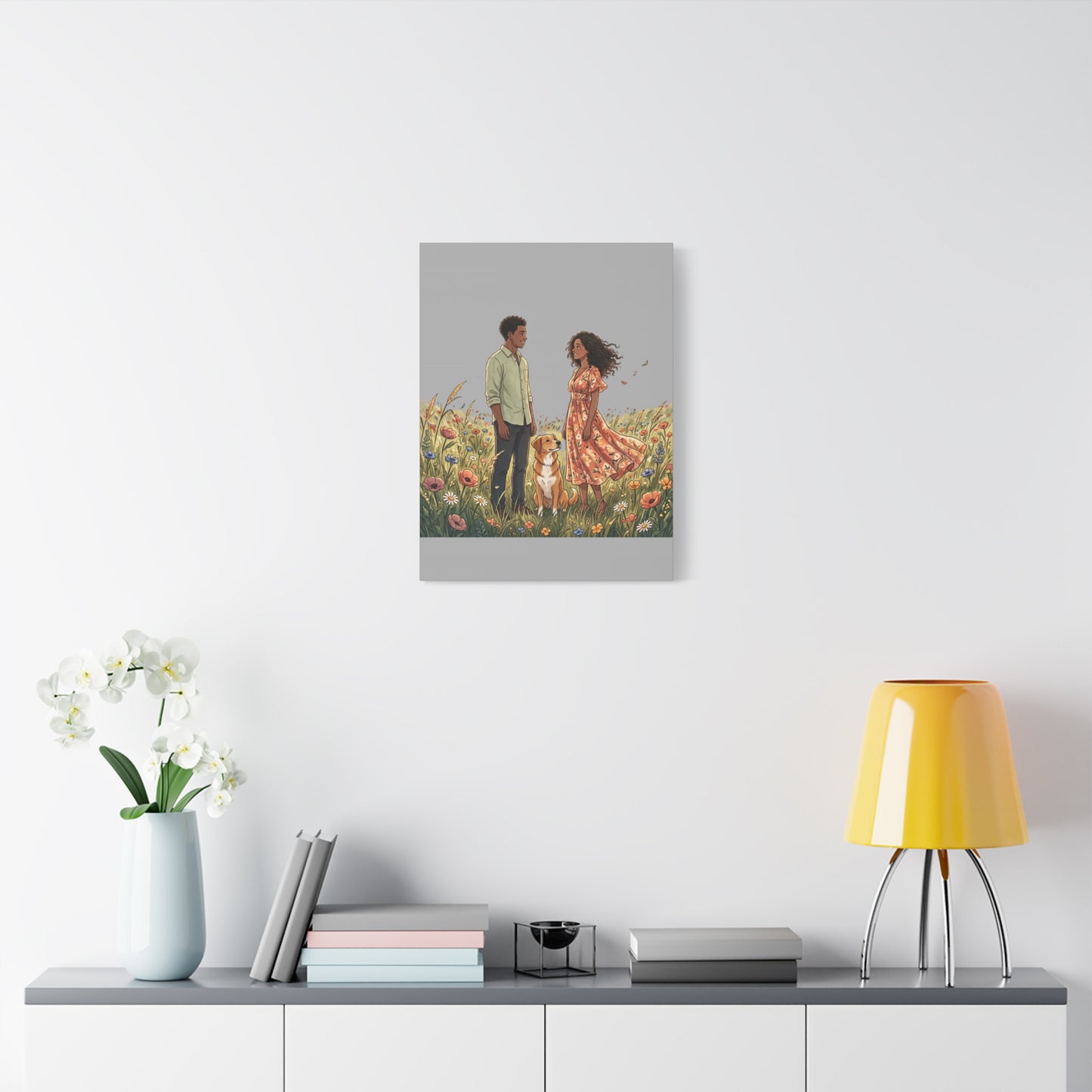 Romantic Couple in Wildflower Field Canvas Art — Black Love Wall Decor with Dog