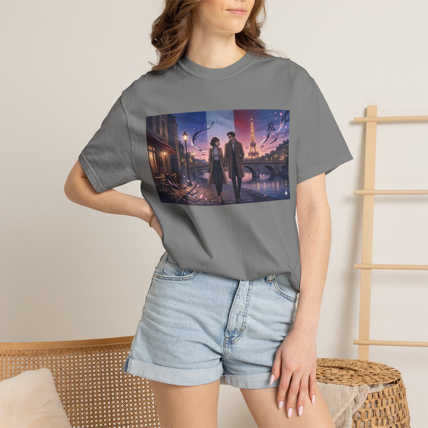 Couple Walking, Eiffel Tower - T-Shirt — Romantic Paris Nightscape Graphic Tee