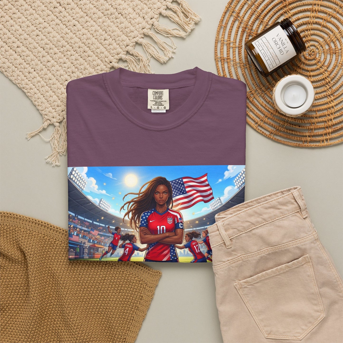 Soccer Mom USA T-Shirt — Female Soccer Player with American Flag Stadium Graphic