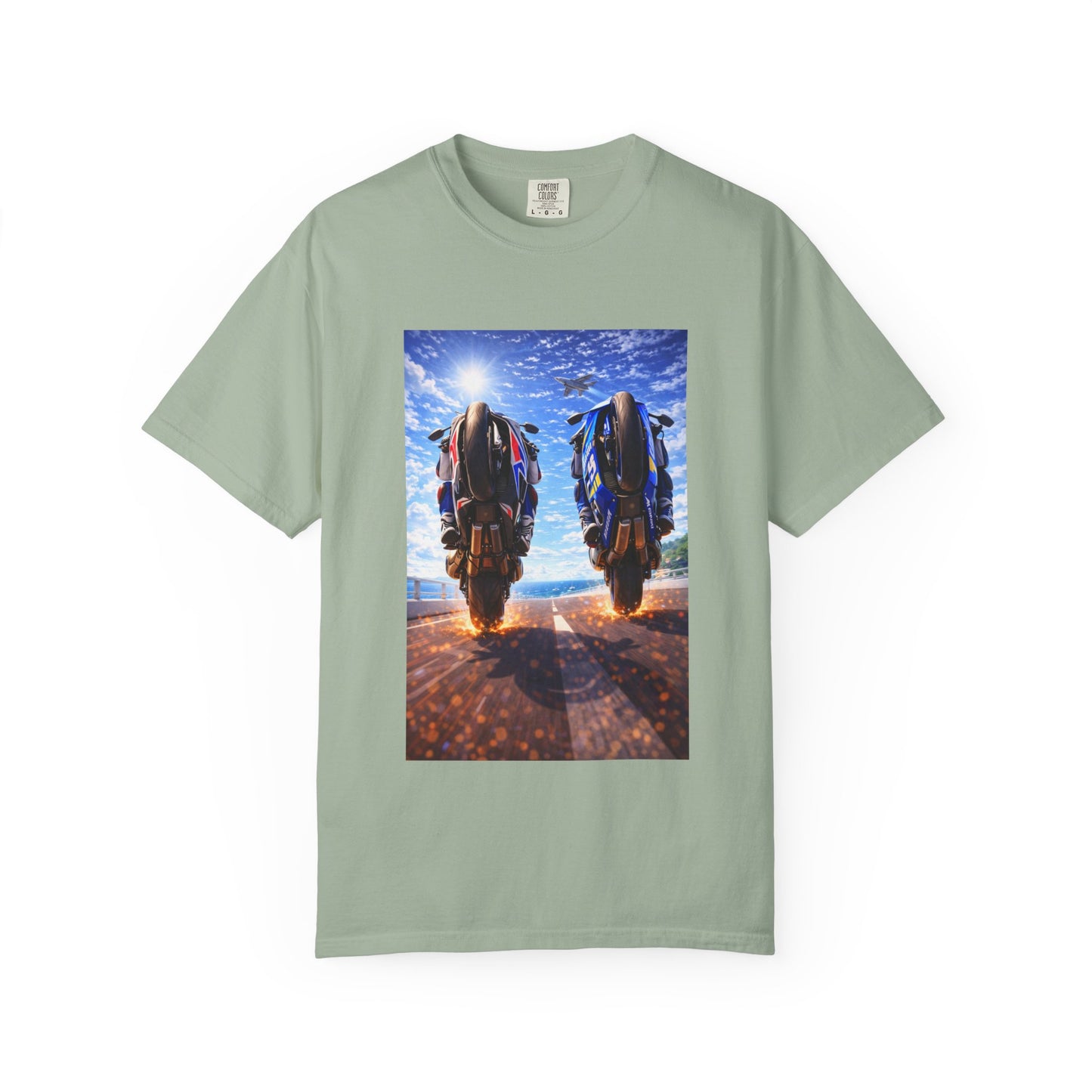 Motorcycle Sunset T-Shirt — Two Bikes Riding Into the Horizon