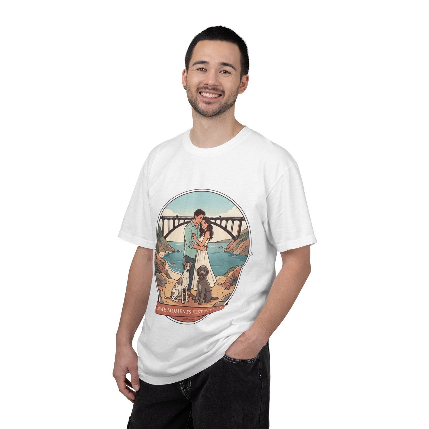 T-Shirt — Romantic Coastal Couples Tee “Some Moments Are Forever” with Dogs