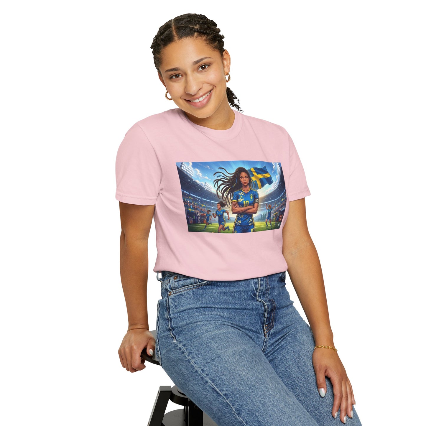Swedish Soccer Pride T-Shirt — Female Footballer with Flag Stadium Design