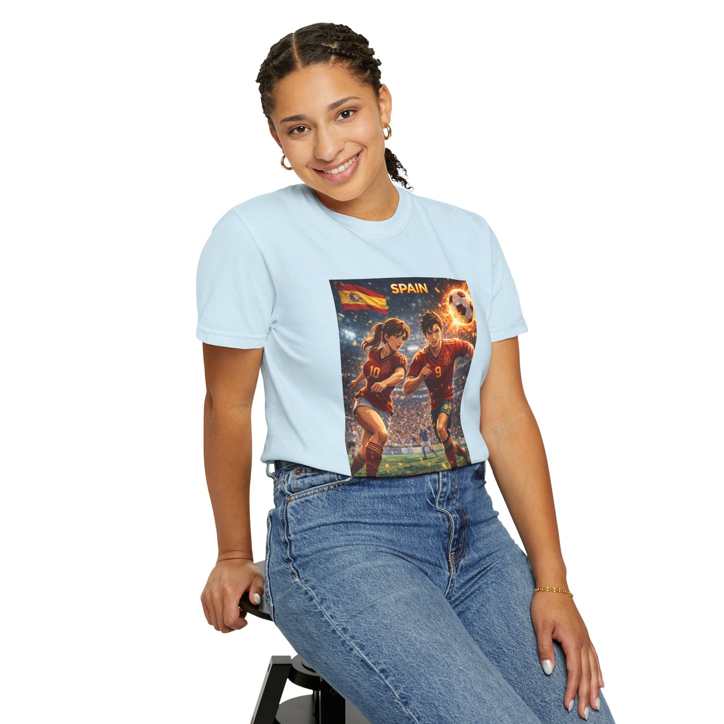 Spain Soccer Graphic T-Shirt — Retro Match Scene with Flag