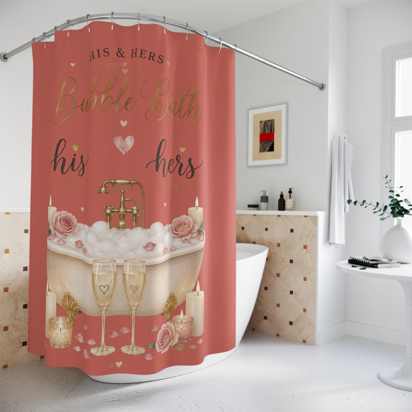 Petals & Suds. Sip. Soak & Stay! Shower Curtain – His & Hers Romantic Bath Decor for Couples