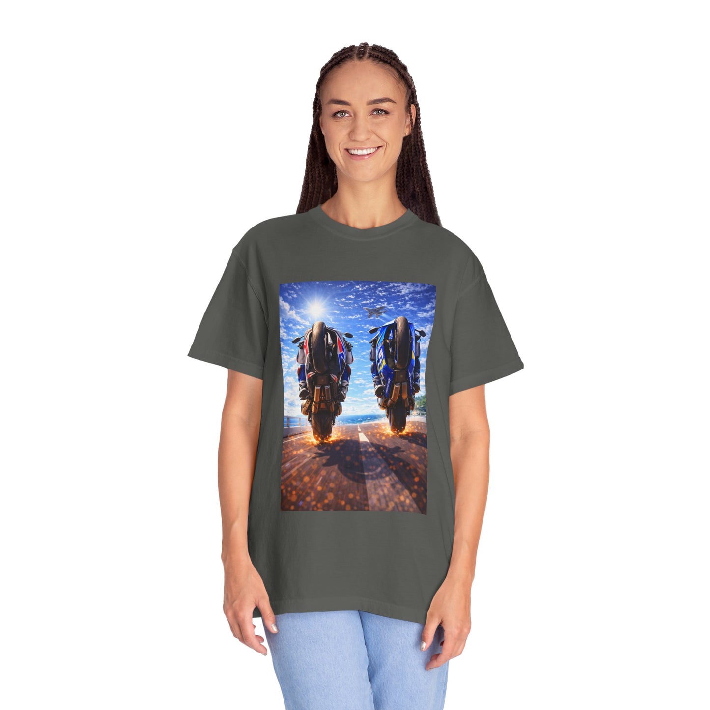 Motorcycle Sunset T-Shirt — Two Bikes Riding Into the Horizon