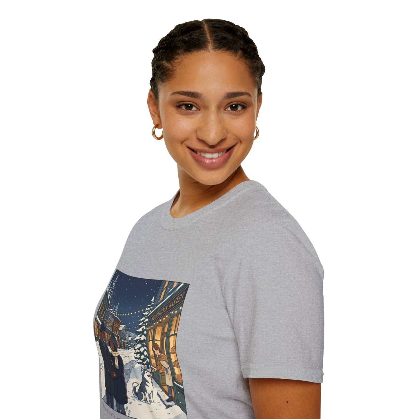Winter String Lights Stroll T-Shirt — Cozy Holiday Street Scene Graphic Tee