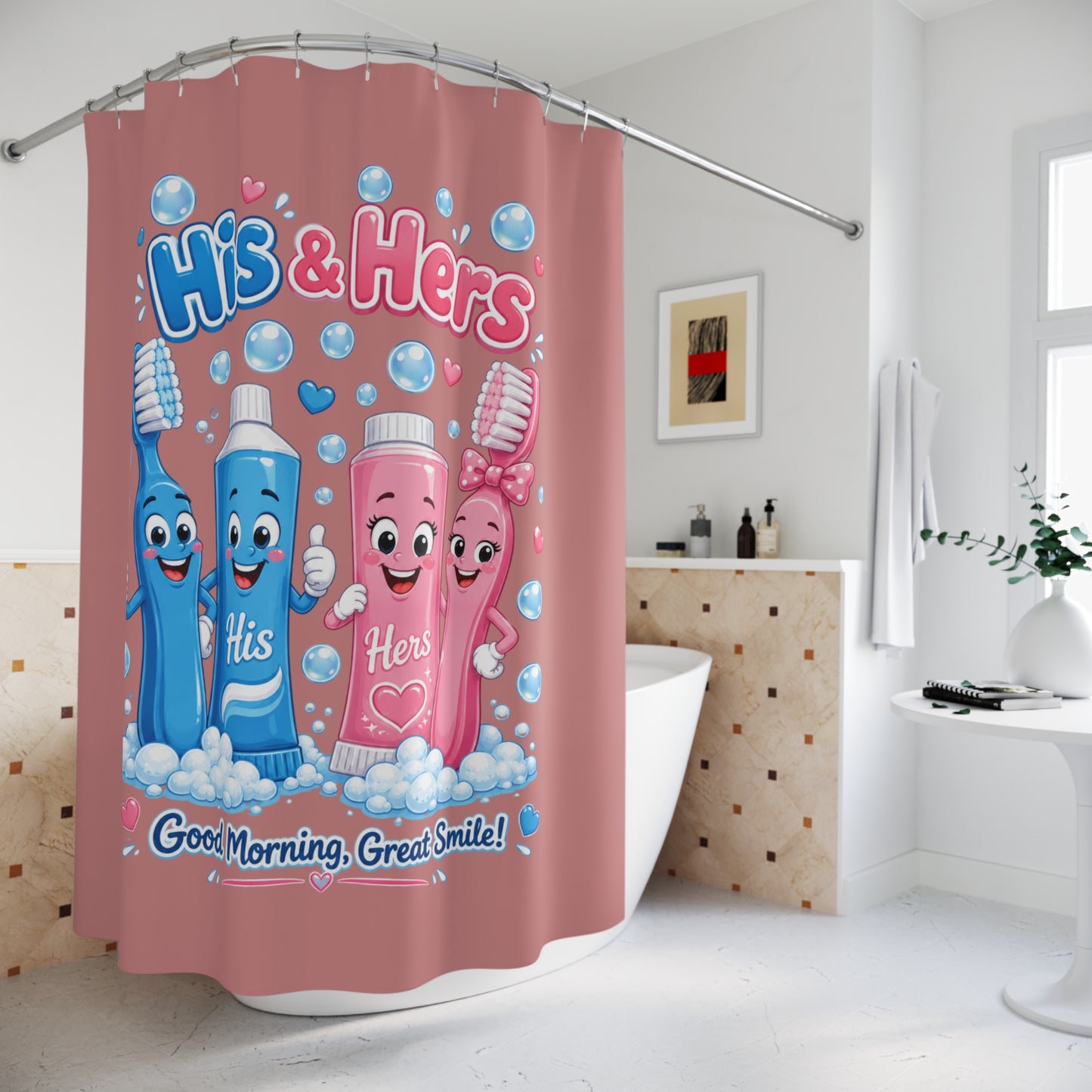 Fresh Start Together, Brush & Bliss Shower Curtain — Cute Couples Bathroom Decor