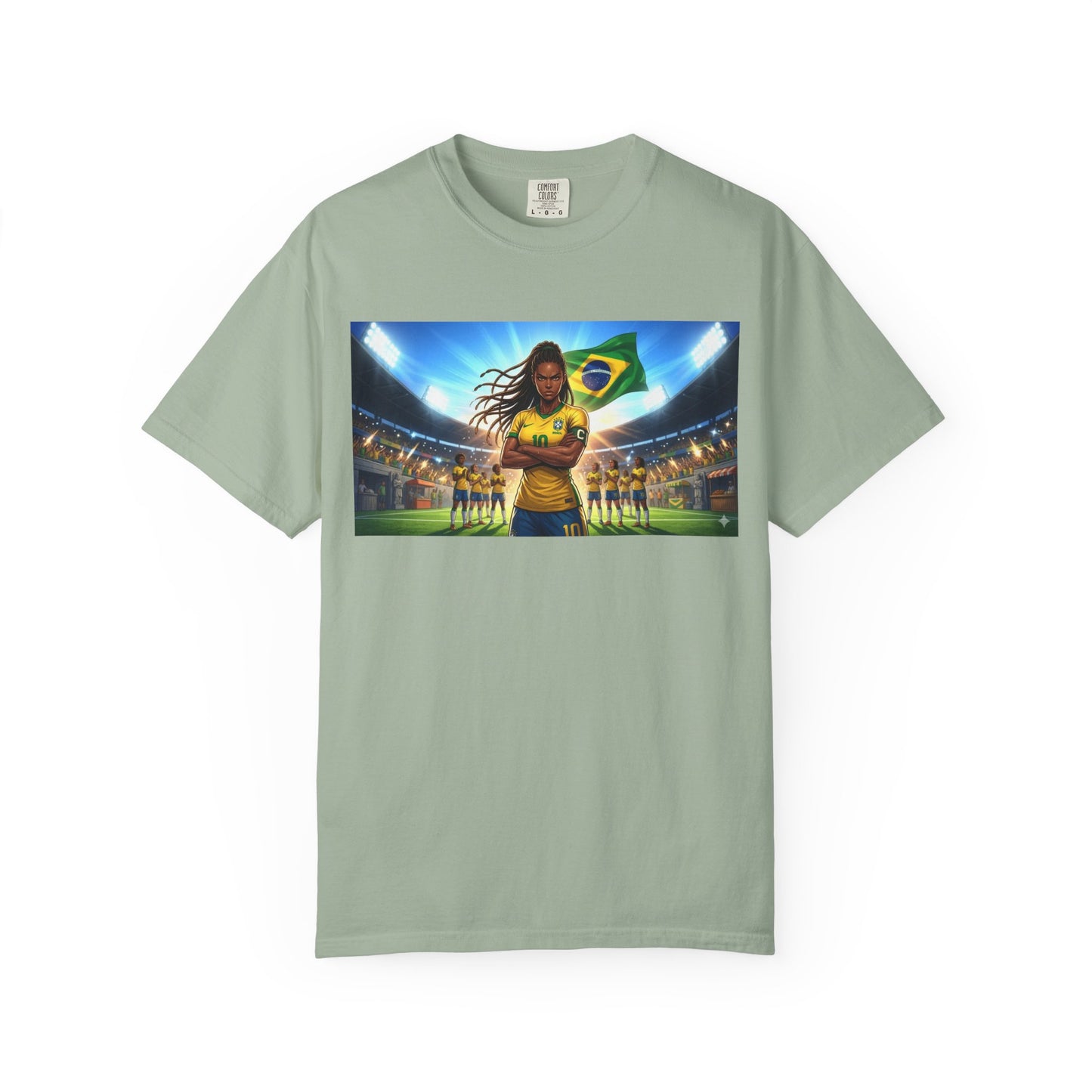Brazil Soccer Captain T-Shirt — Player Holding Ball with Brazilian Flag Stadium Graphic