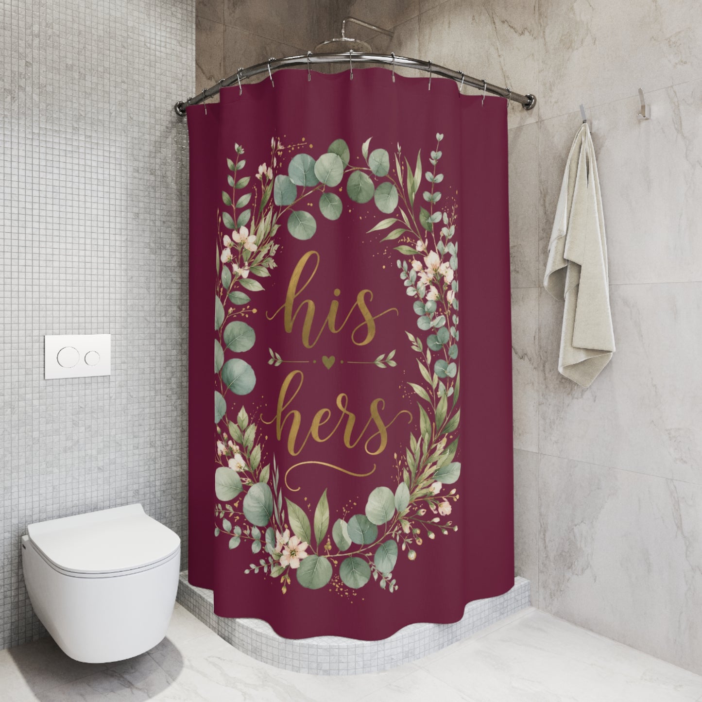 His & Hers Burgundy Floral Shower Curtain – Romantic Eucalyptus Wedding Bathroom Decor