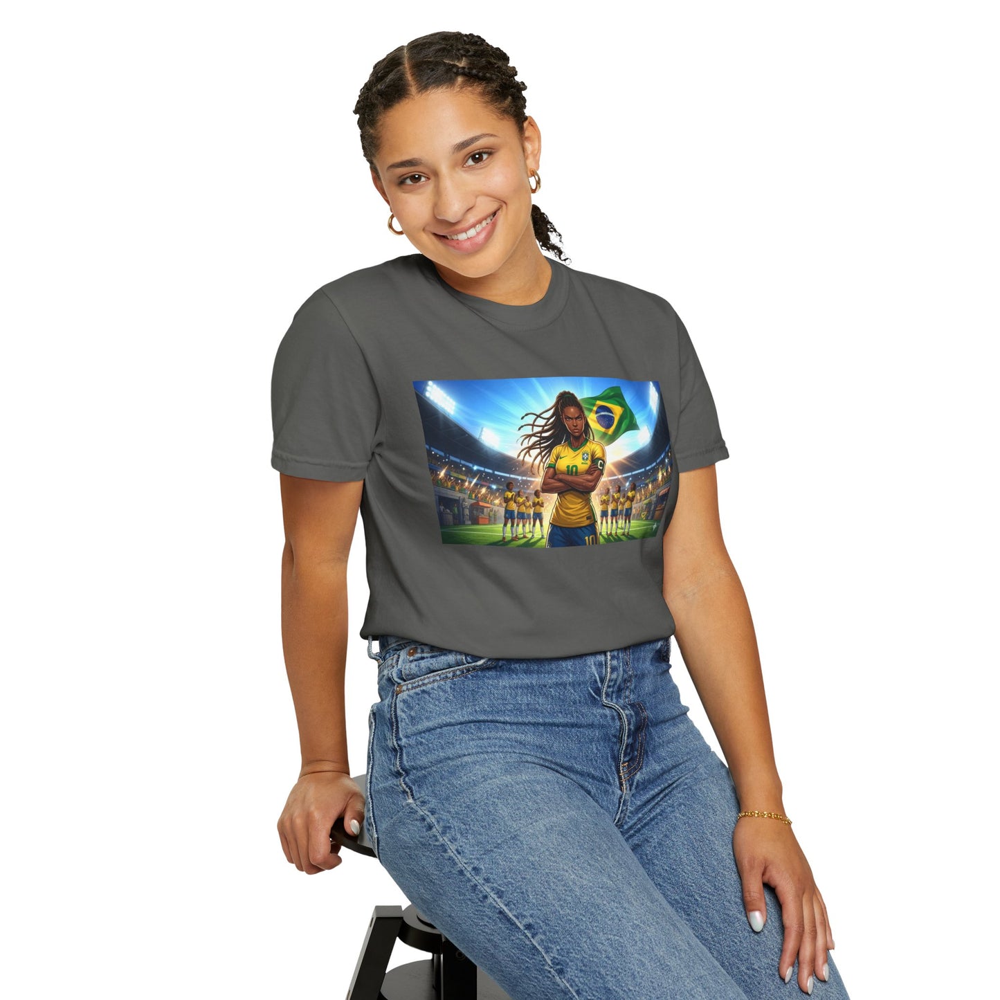 Brazil Soccer Captain T-Shirt — Player Holding Ball with Brazilian Flag Stadium Graphic