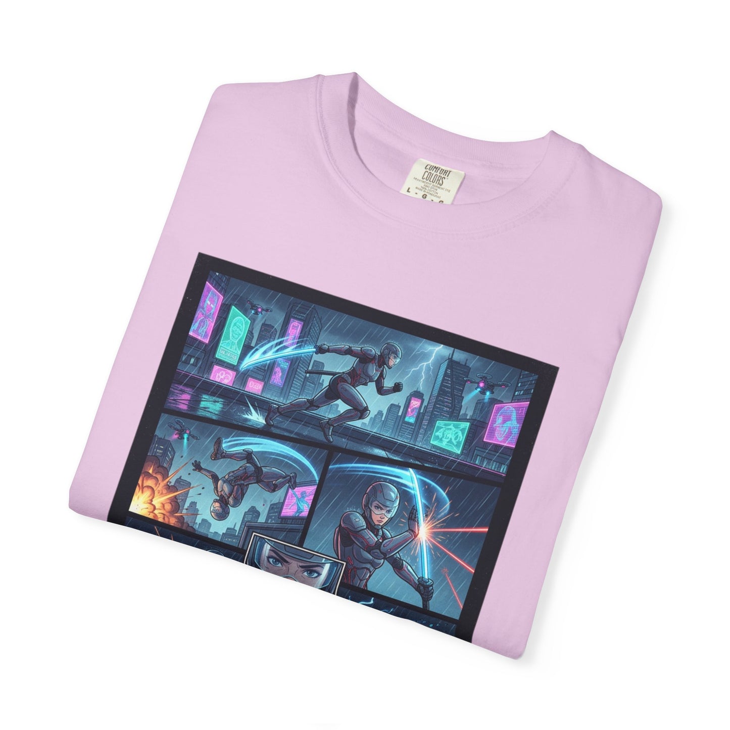 Cyberpunk Girl Samurai T-Shirt — Neon Manga Panel Graphic Tee