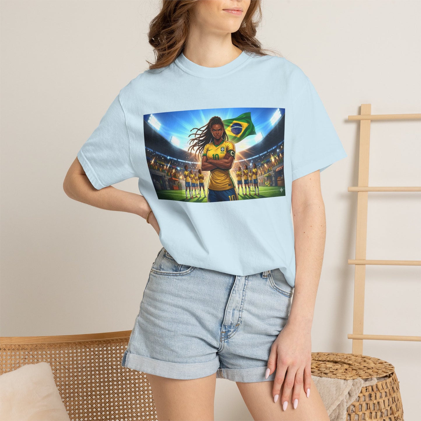 Brazil Soccer Captain T-Shirt — Player Holding Ball with Brazilian Flag Stadium Graphic