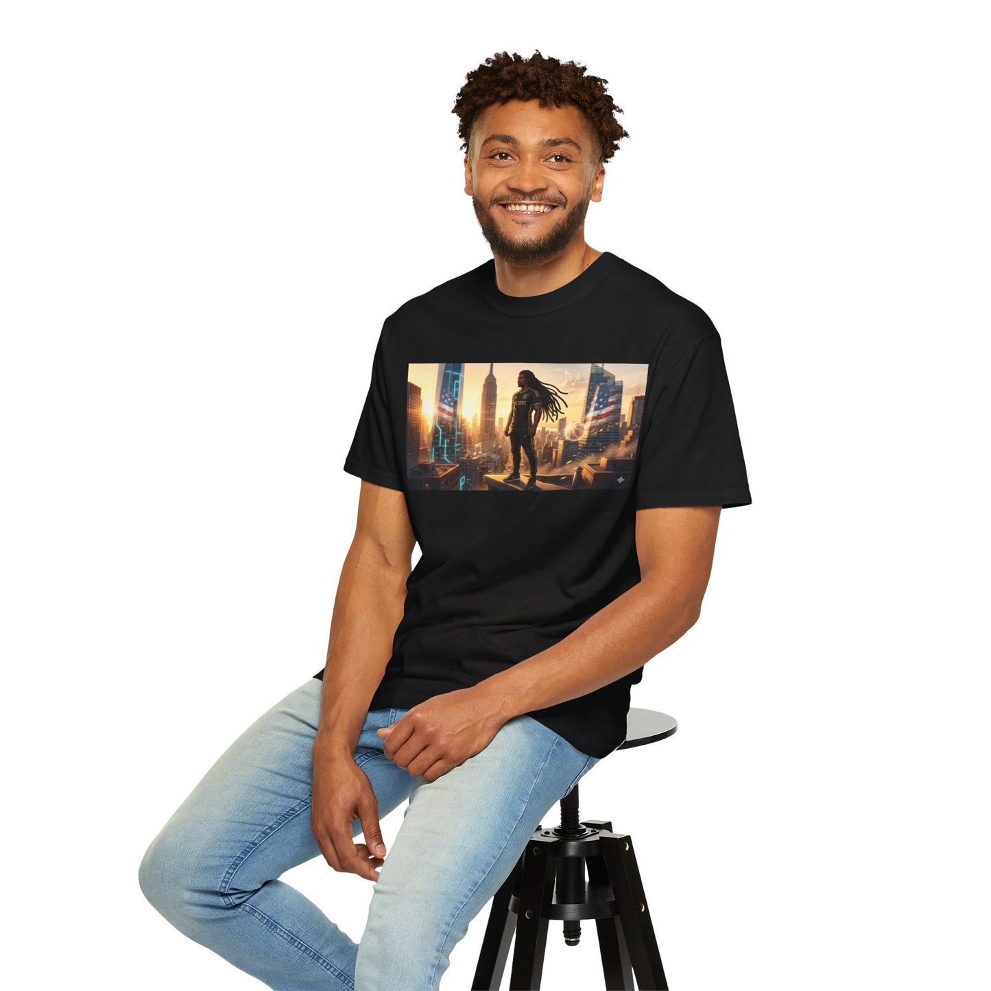Cyberpunk Cityscape T-Shirt — Silhouette Hero at Sunset