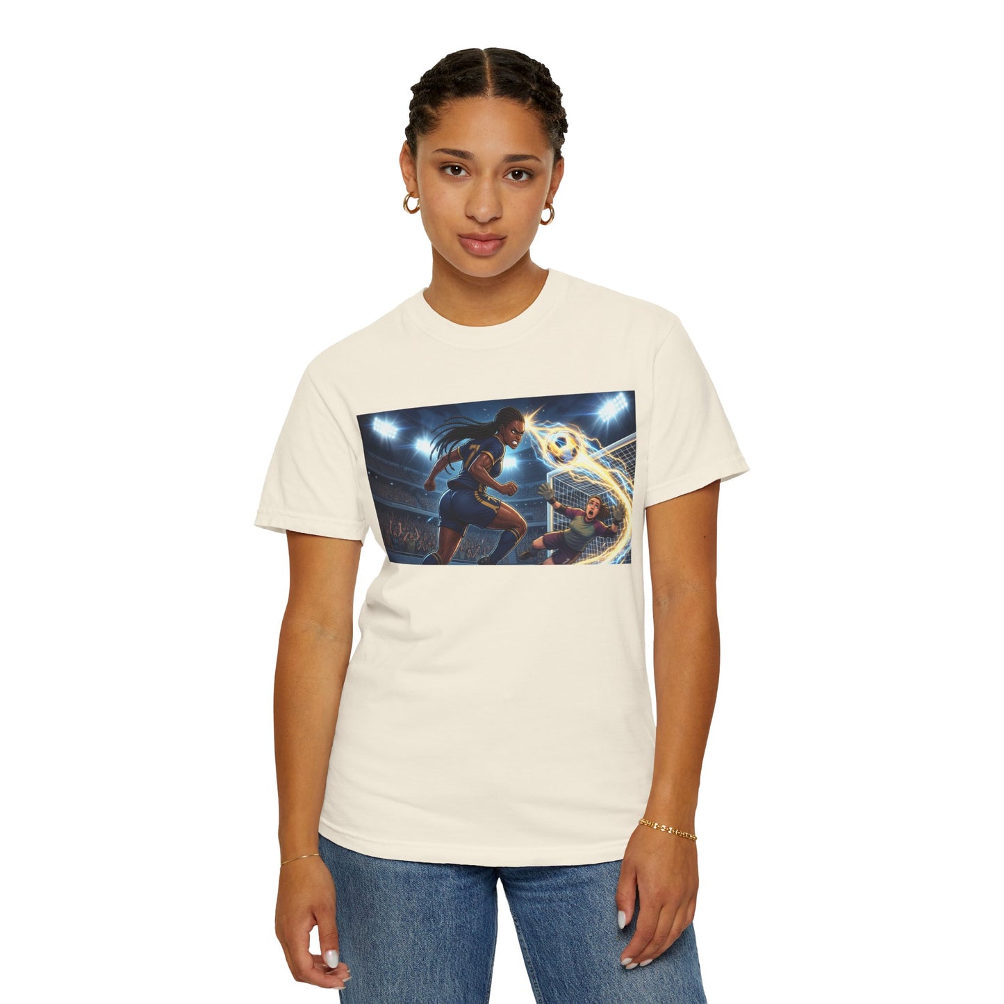 Soccer Duel Graphic T-Shirt — Futuristic Goalkeeper vs Striker Stadium Print