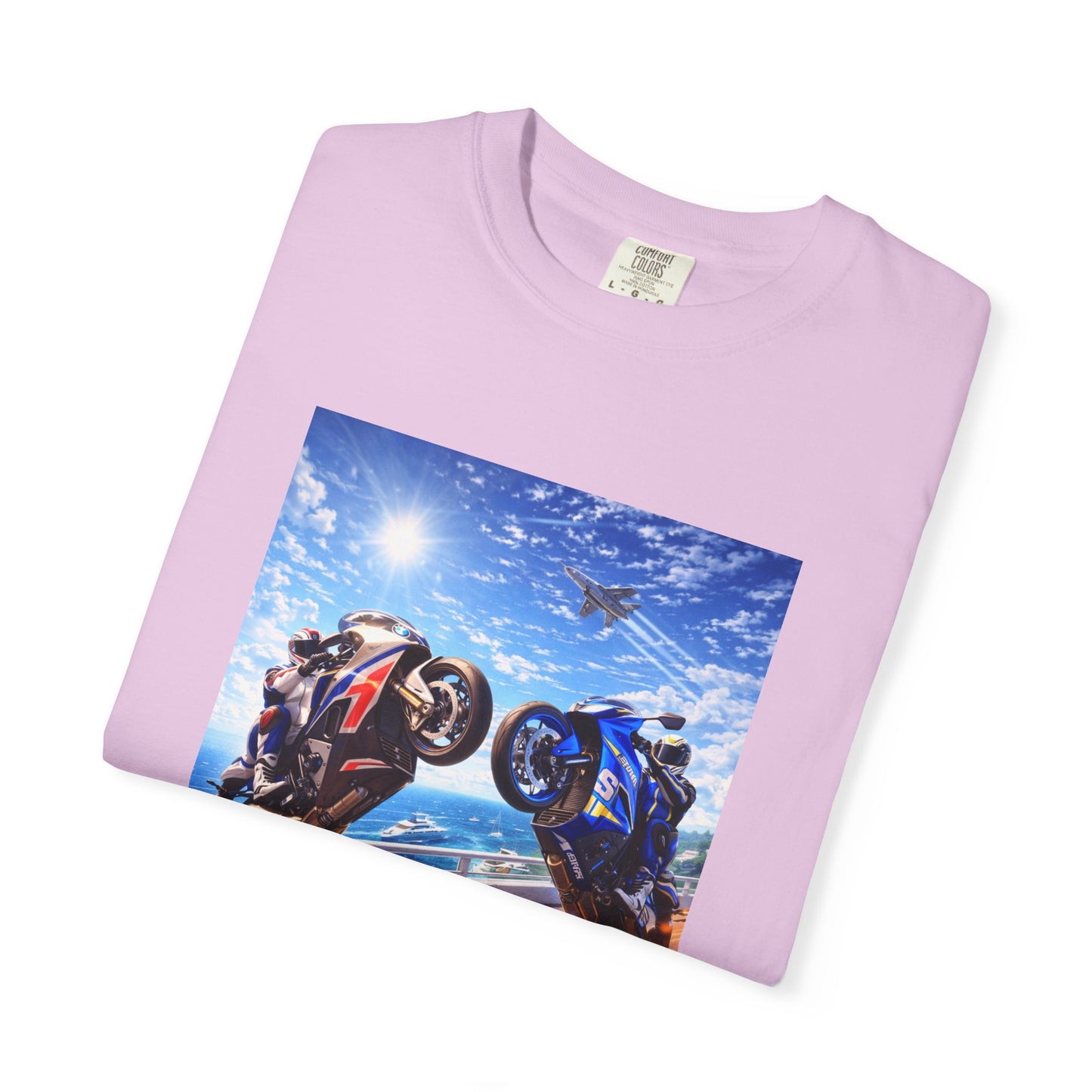 Stunt Riders Motorcycle T-Shirt — Two Bike Wheelie Racing Graphic Tee