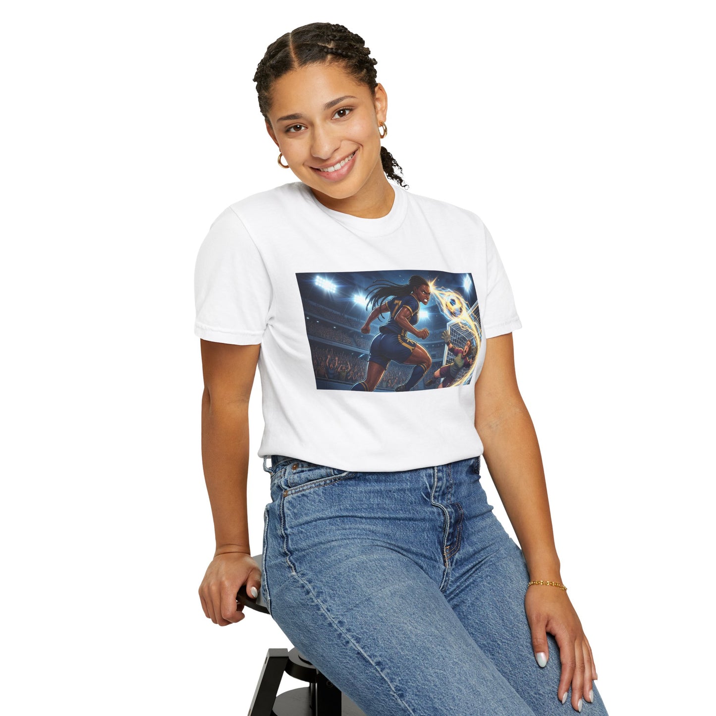 Soccer Duel Graphic T-Shirt — Futuristic Goalkeeper vs Striker Stadium Print