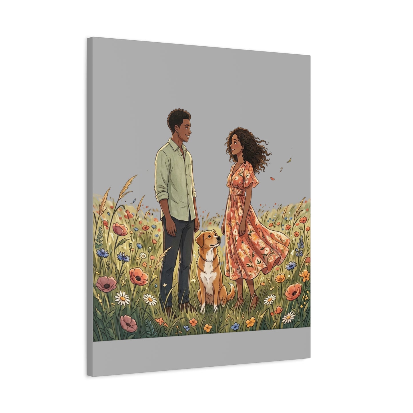 Romantic Couple in Wildflower Field Canvas Art — Black Love Wall Decor with Dog