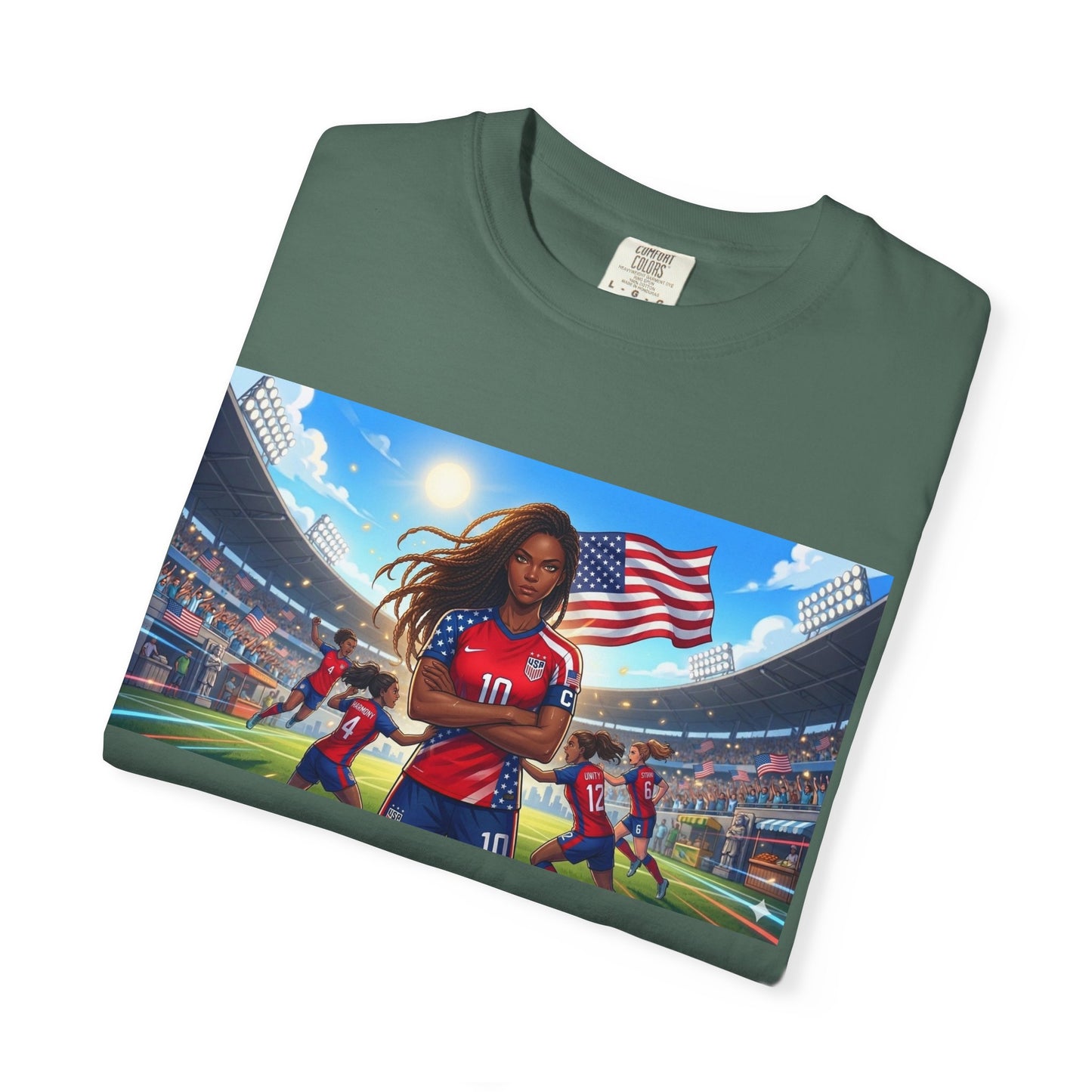Soccer Mom USA T-Shirt — Female Soccer Player with American Flag Stadium Graphic