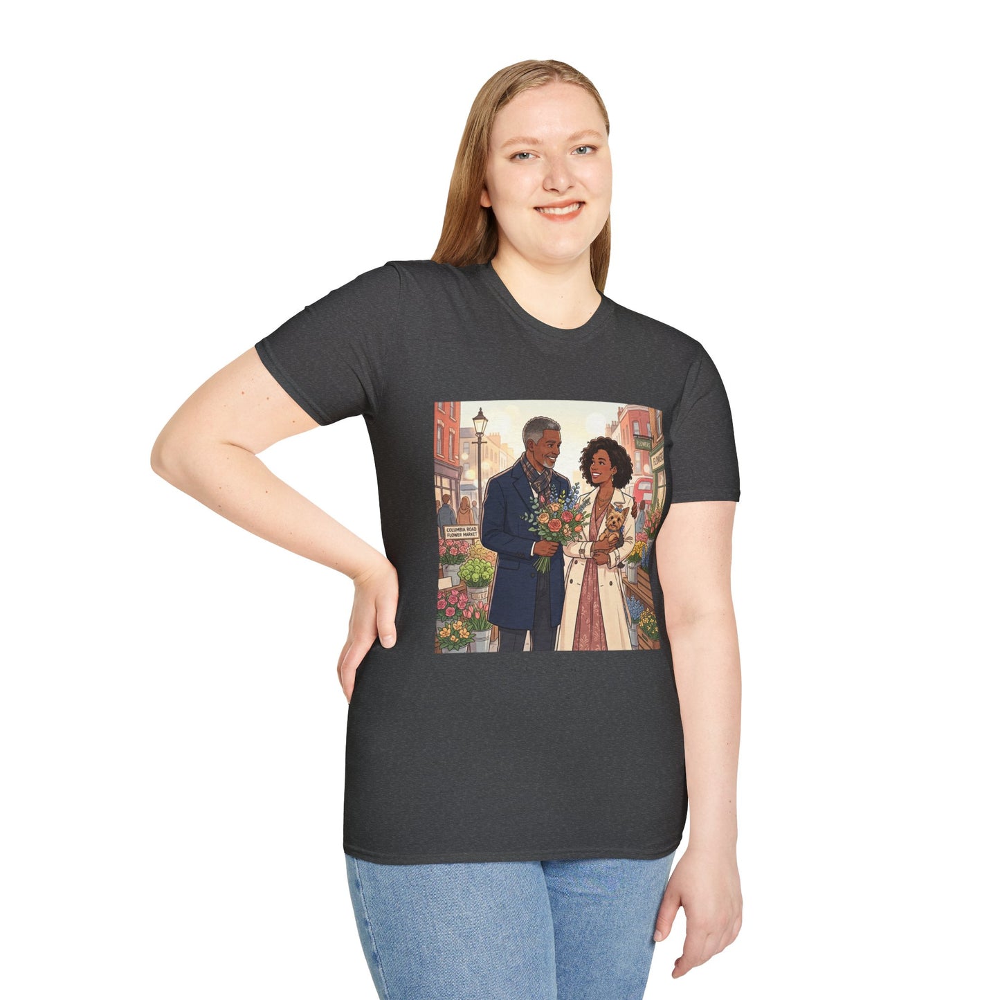 Romantic City Stroll T-Shirt — Couple Bouquet Illustration