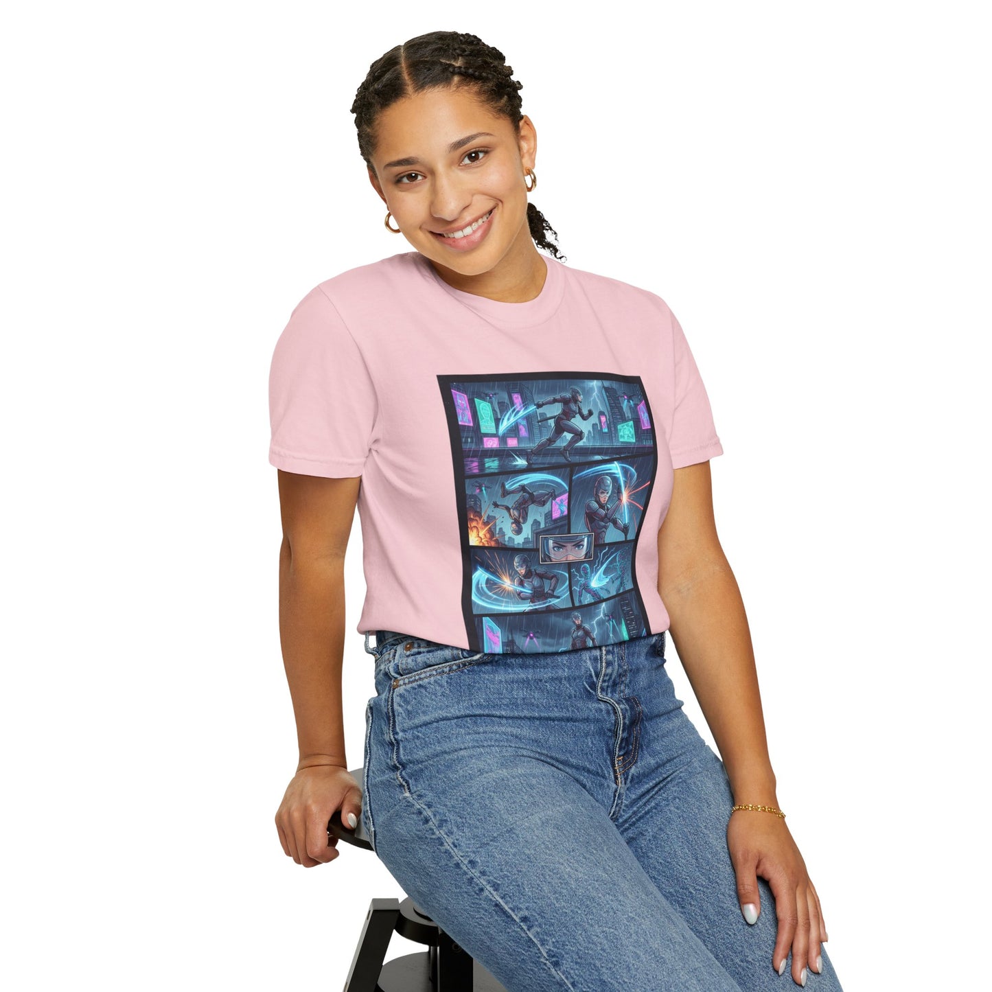 Cyberpunk Girl Samurai T-Shirt — Neon Manga Panel Graphic Tee