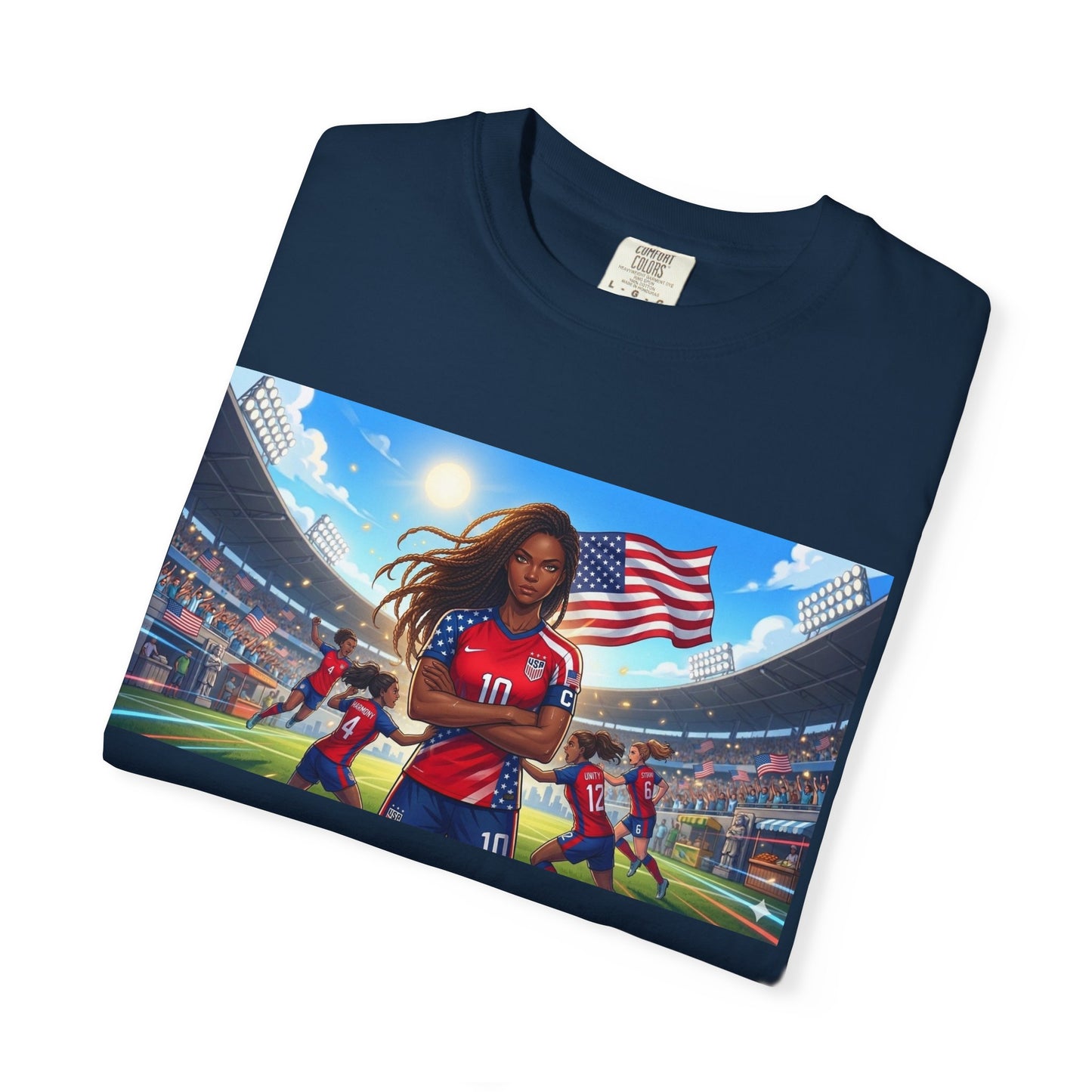 Soccer Mom USA T-Shirt — Female Soccer Player with American Flag Stadium Graphic
