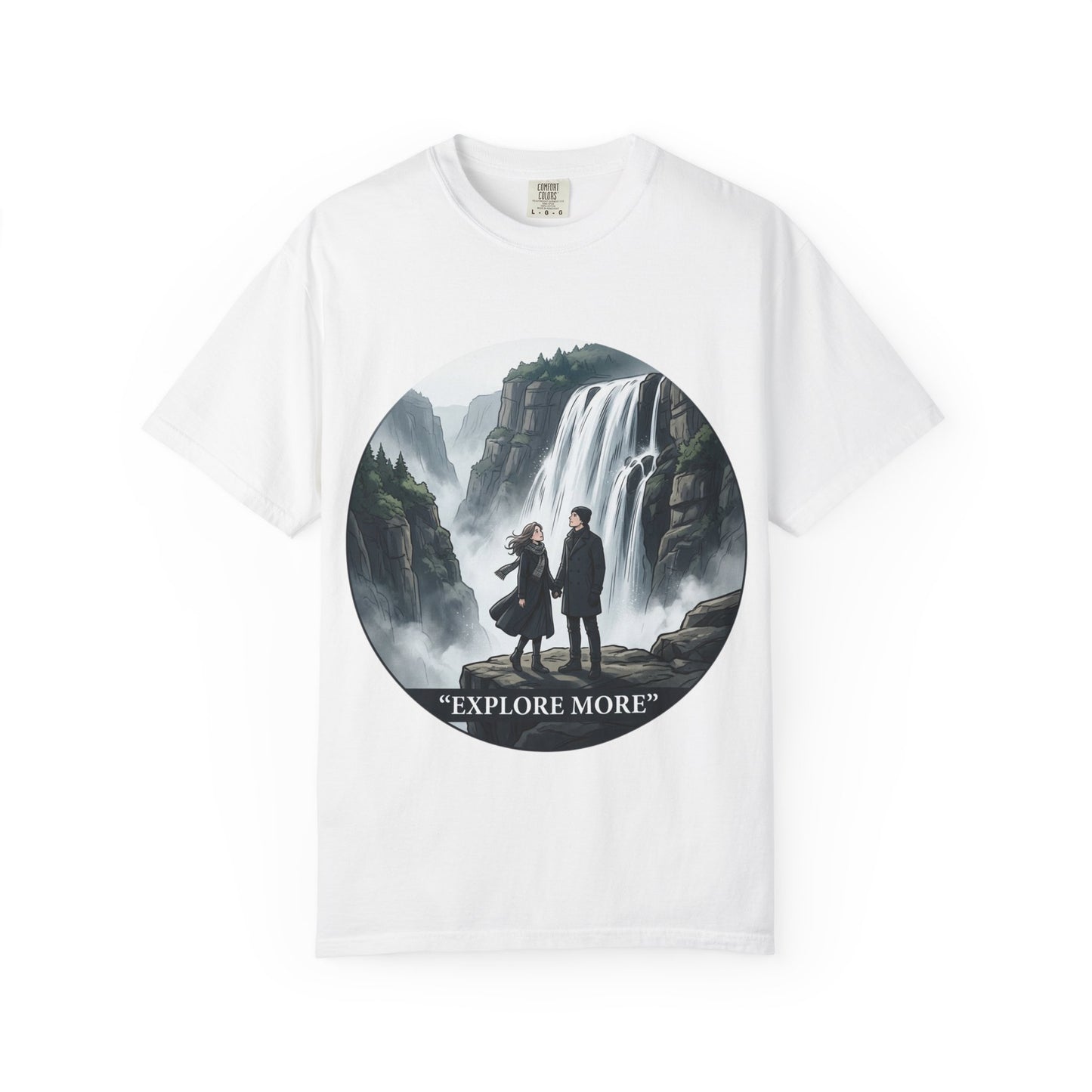 Explore More T-Shirt — Adventure Graphic Tee with Waterfall Scene