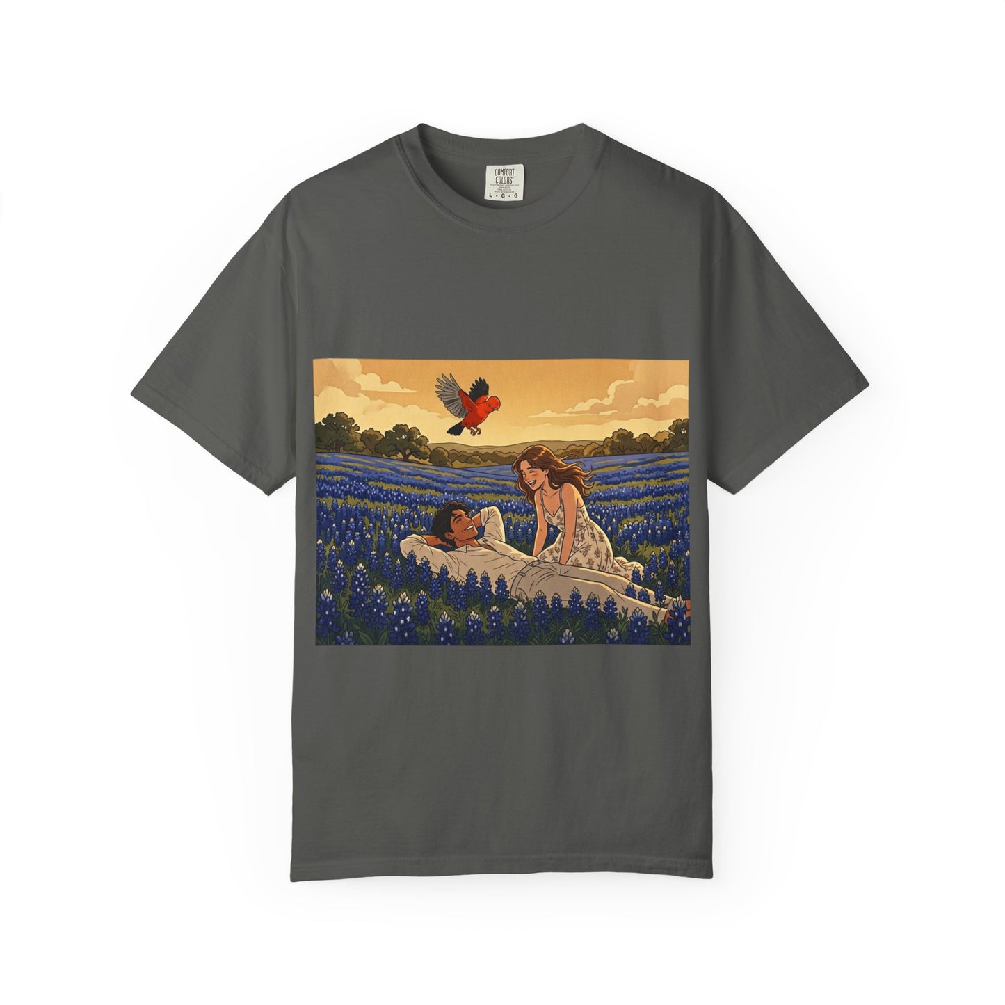 Romantic Bluebonnet Field T-Shirt — Couple in Wildflower Meadow Art Tee
