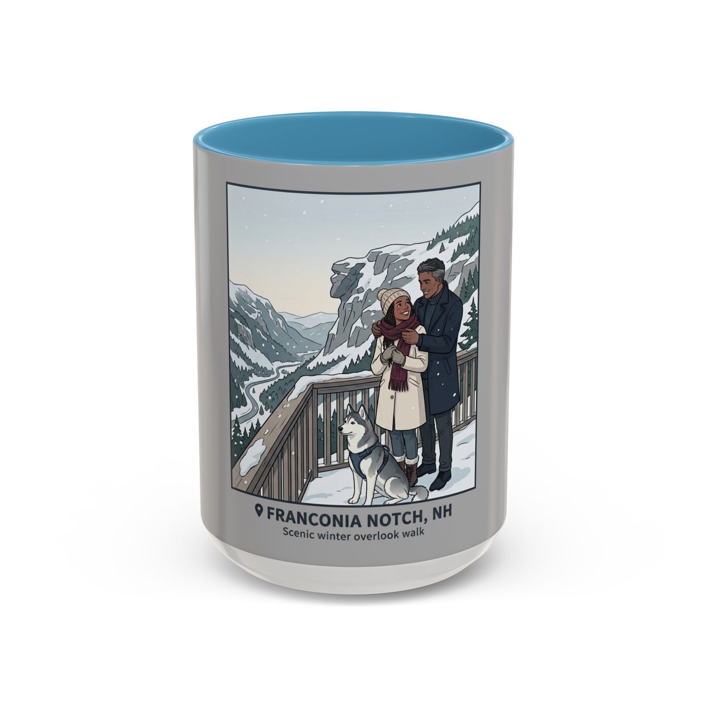 Franconia Notch Scenic Winter Mug — Couples & Dog Snowy Overlook Coffee Cup (11/15oz)
