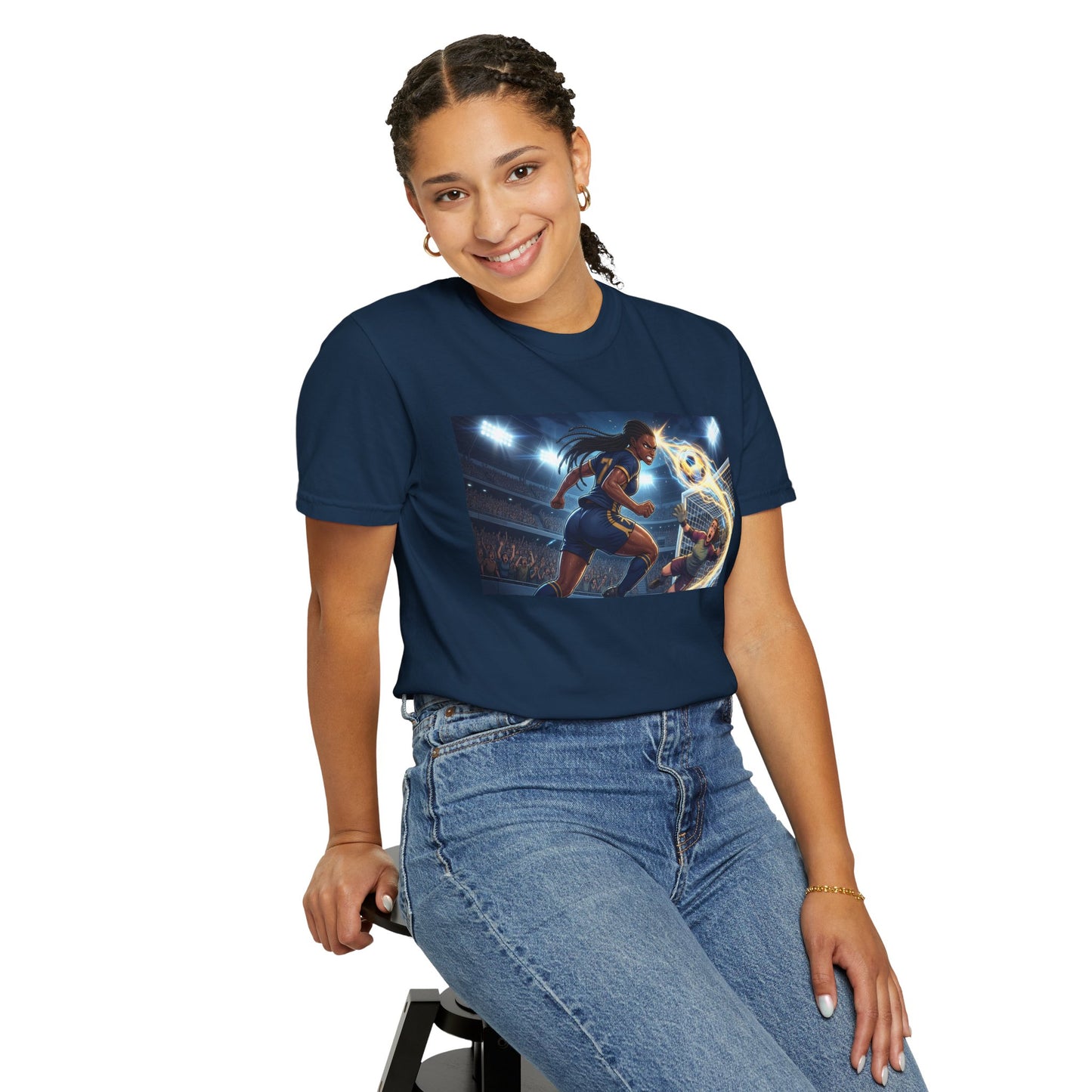 Soccer Duel Graphic T-Shirt — Futuristic Goalkeeper vs Striker Stadium Print