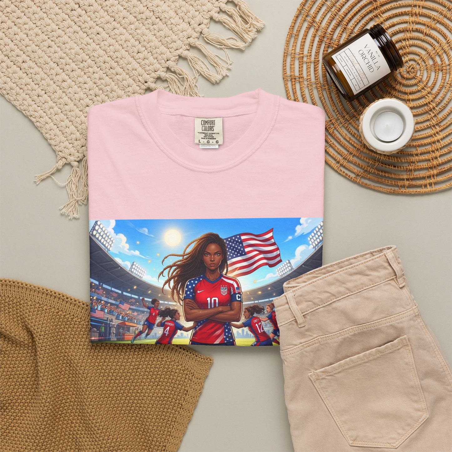 Soccer Mom USA T-Shirt — Female Soccer Player with American Flag Stadium Graphic