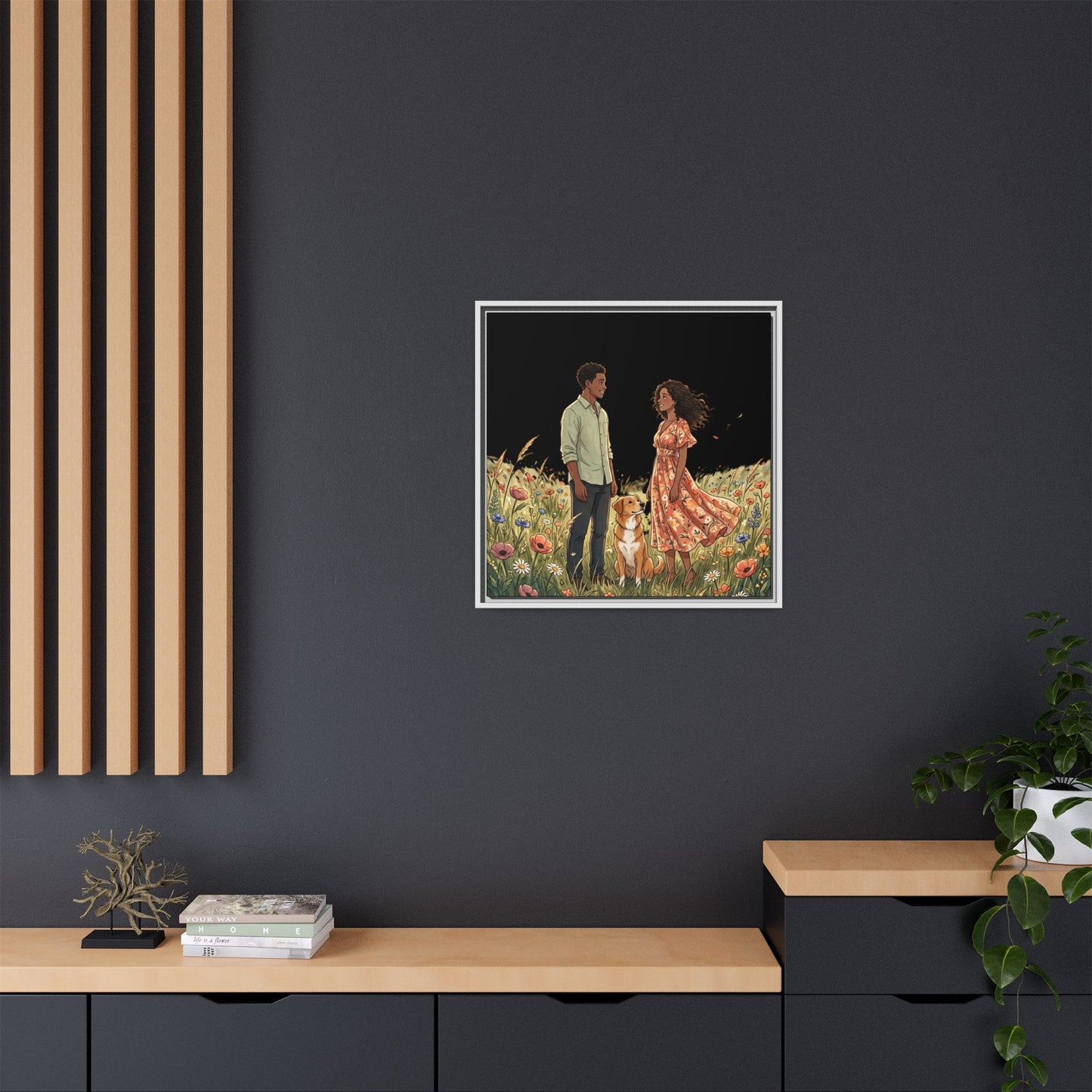 Framed Matte Canvas Print — Romantic Couple in Wildflower Field (Multi‑Color)