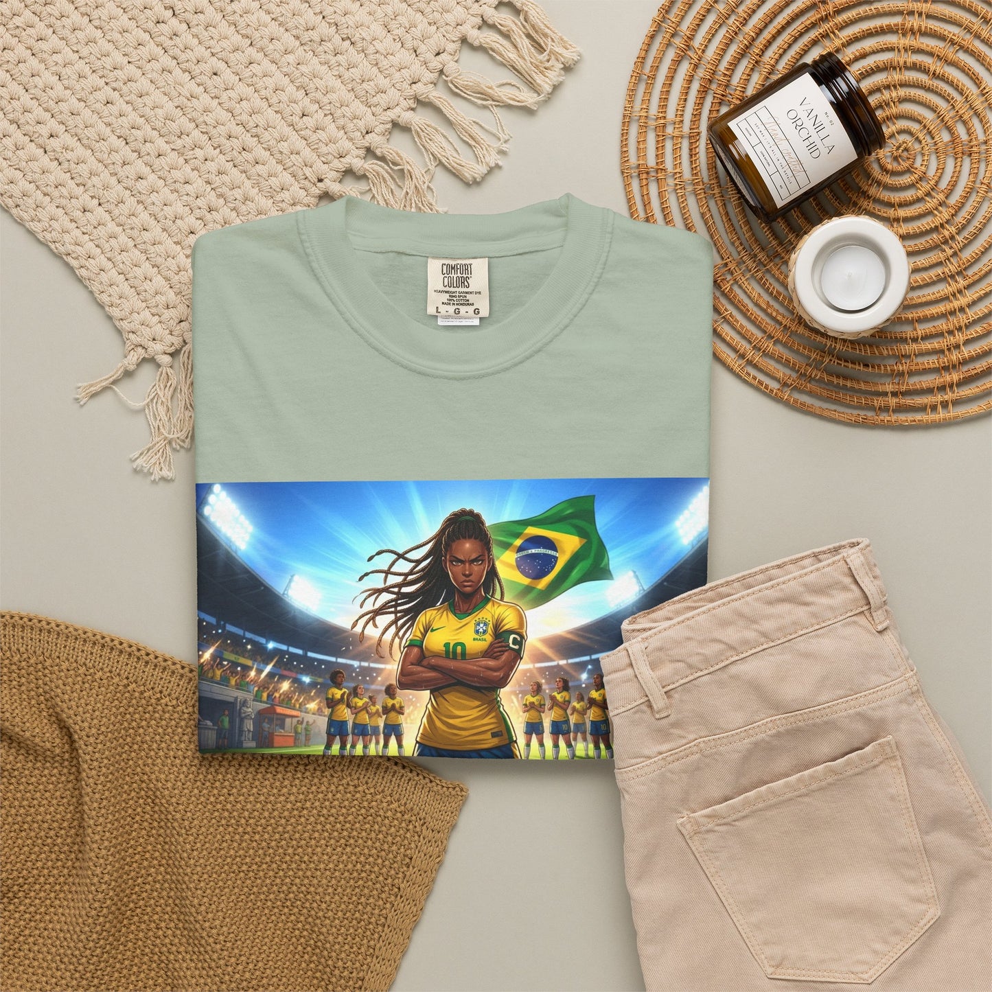 Brazil Soccer Captain T-Shirt — Player Holding Ball with Brazilian Flag Stadium Graphic