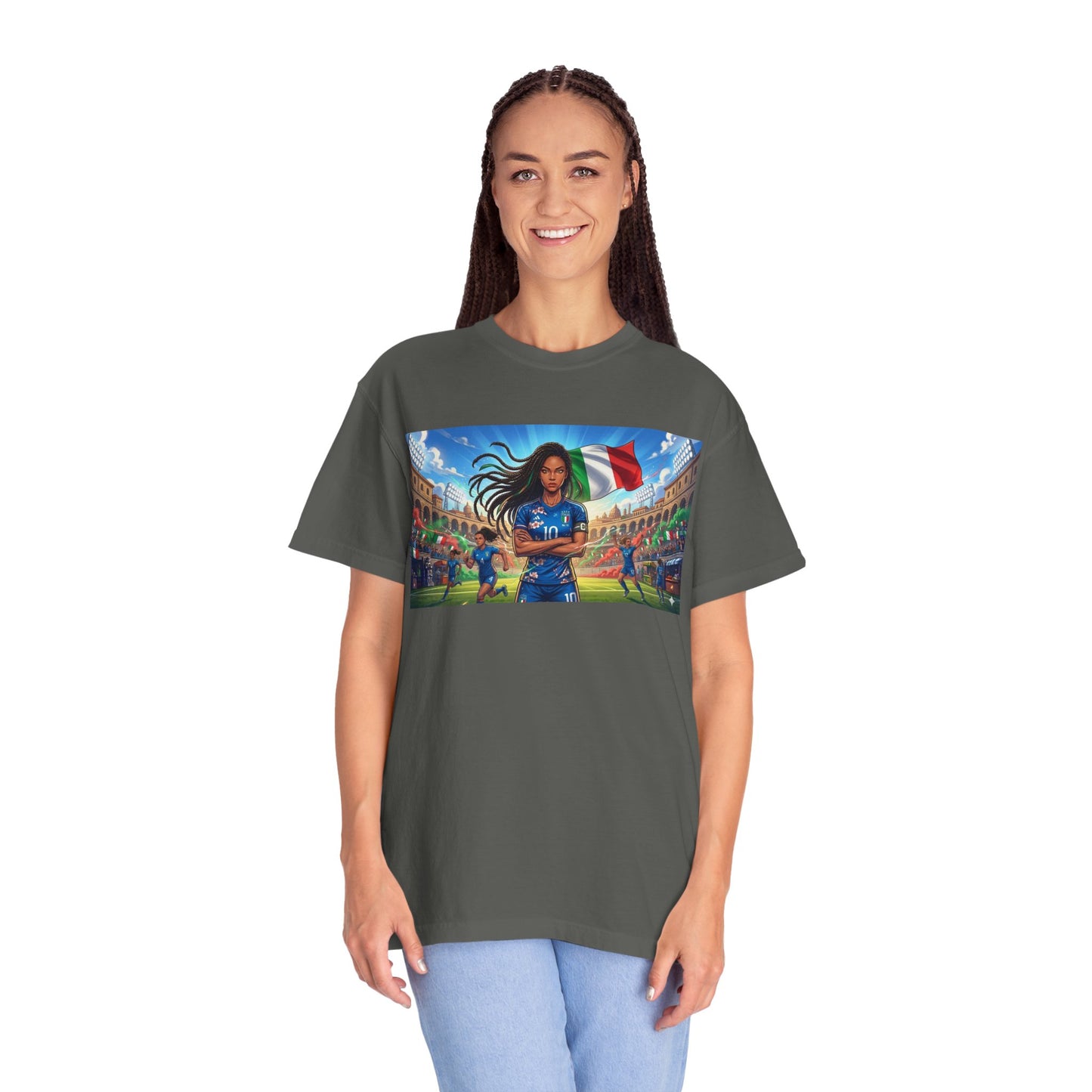 Italian Soccer Fan T‑Shirt – Inspirational Female Player with Italy Flag Stadium Print