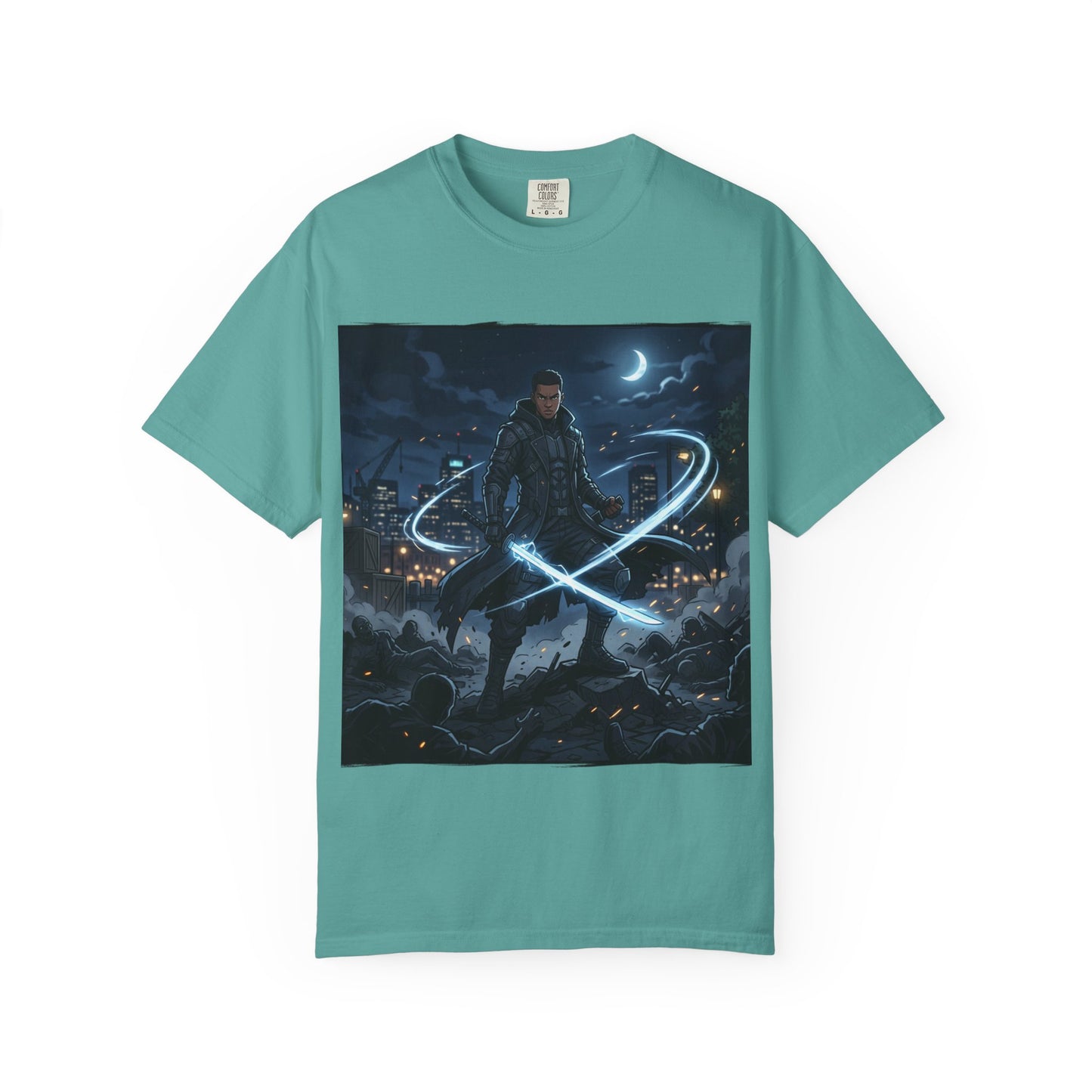 Urban Night Warrior T-Shirt — Neon Samurai Cityscape