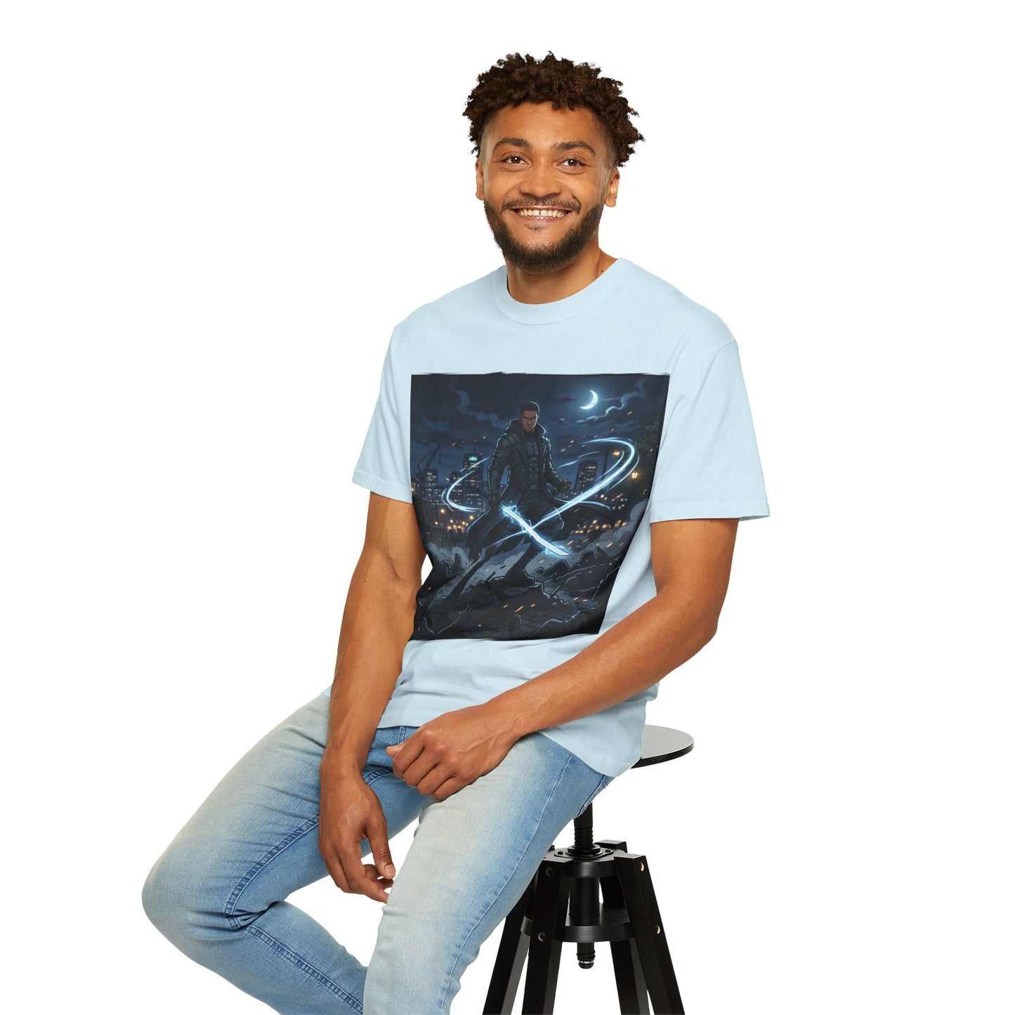 Urban Night Warrior T-Shirt — Neon Samurai Cityscape