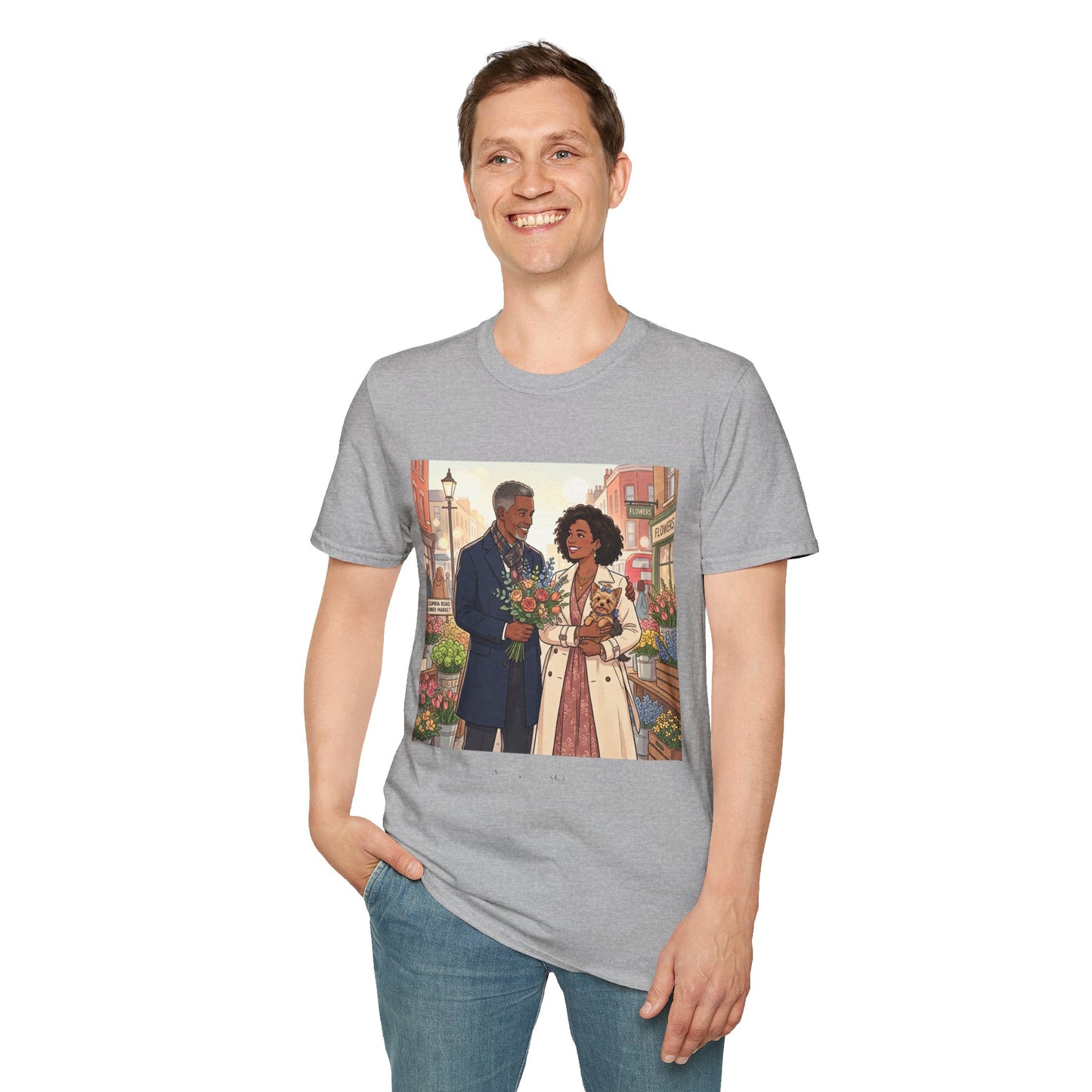 Romantic City Stroll T-Shirt — Couple Bouquet Illustration