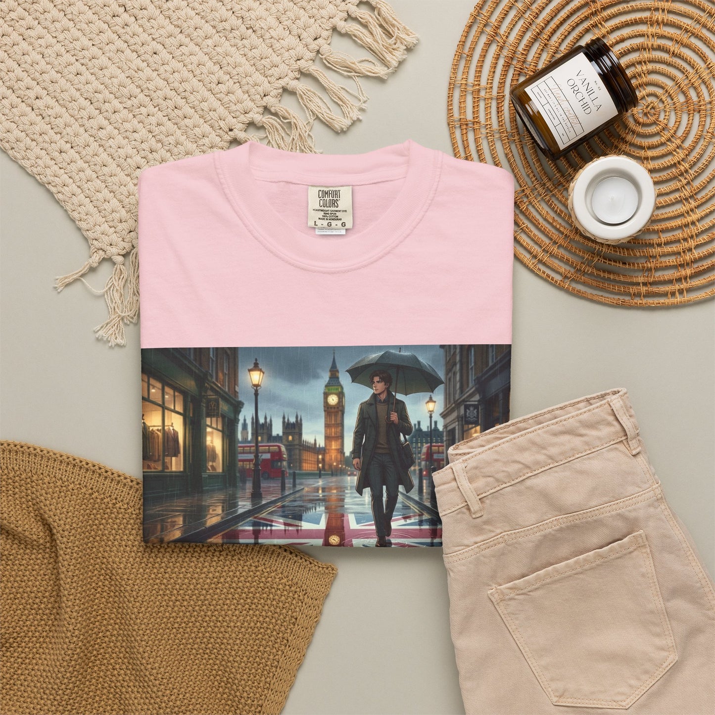 T-Shirt — Rainy London Street Scene Graphic Tee (Big Ben, Umbrella, Night Cityscape)