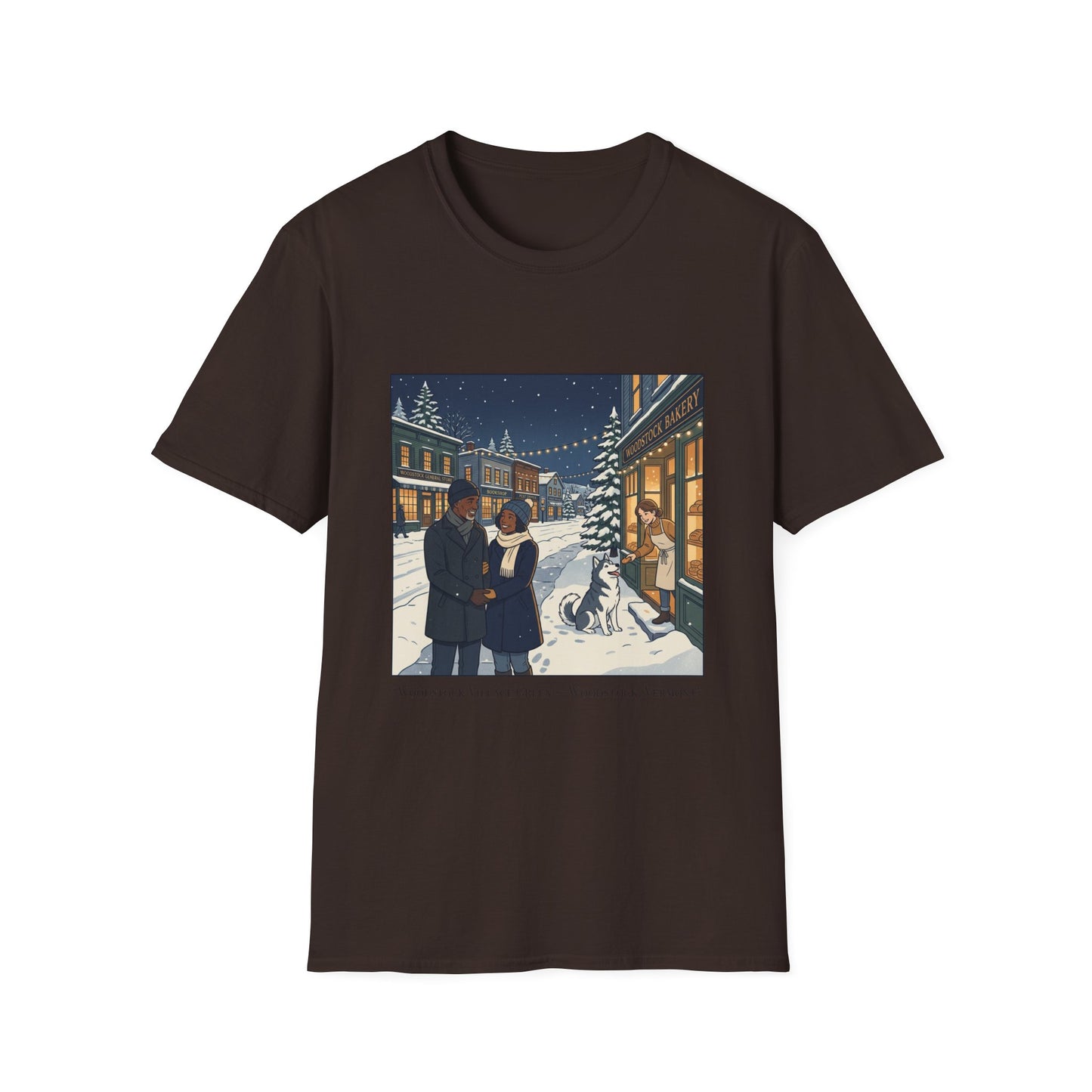 Winter String Lights Stroll T-Shirt — Cozy Holiday Street Scene Graphic Tee