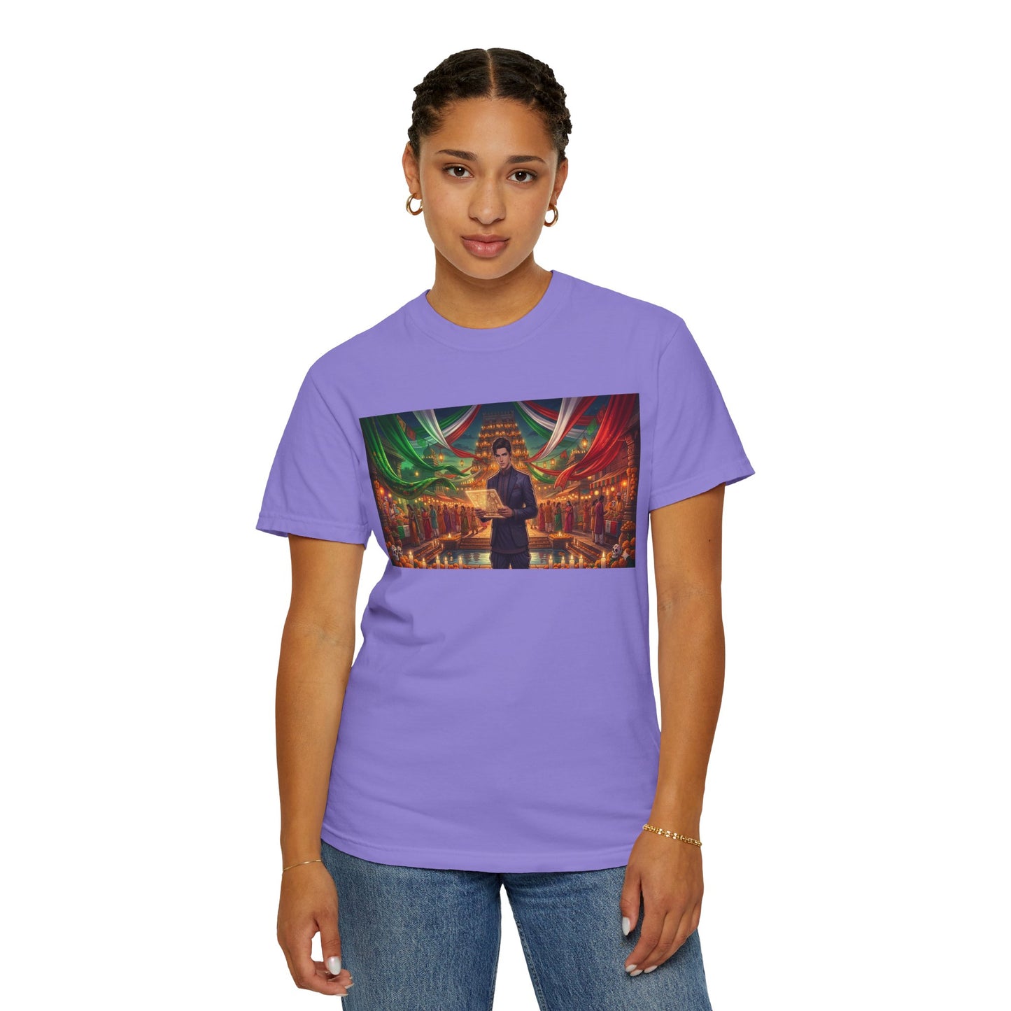 T-Shirt — Dragon Temple Night Scene Graphic Tee (Monk with Dragons)