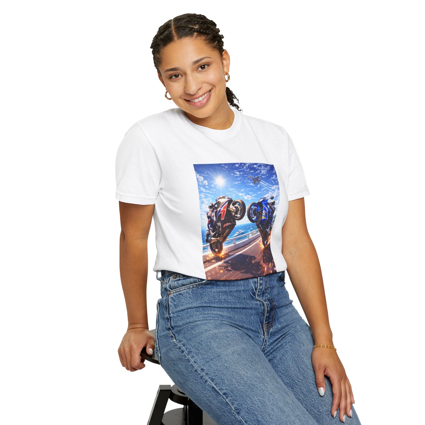 Stunt Riders Motorcycle T-Shirt — Two Bike Wheelie Racing Graphic Tee