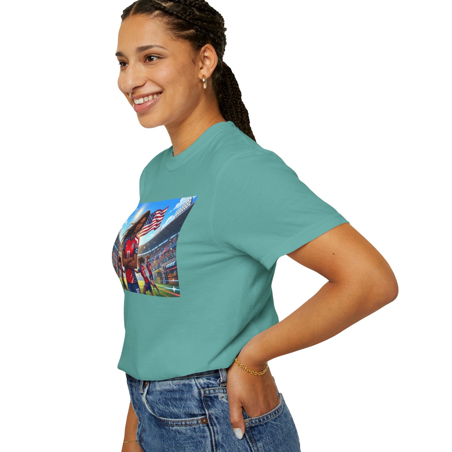 Soccer Mom USA T-Shirt — Female Soccer Player with American Flag Stadium Graphic