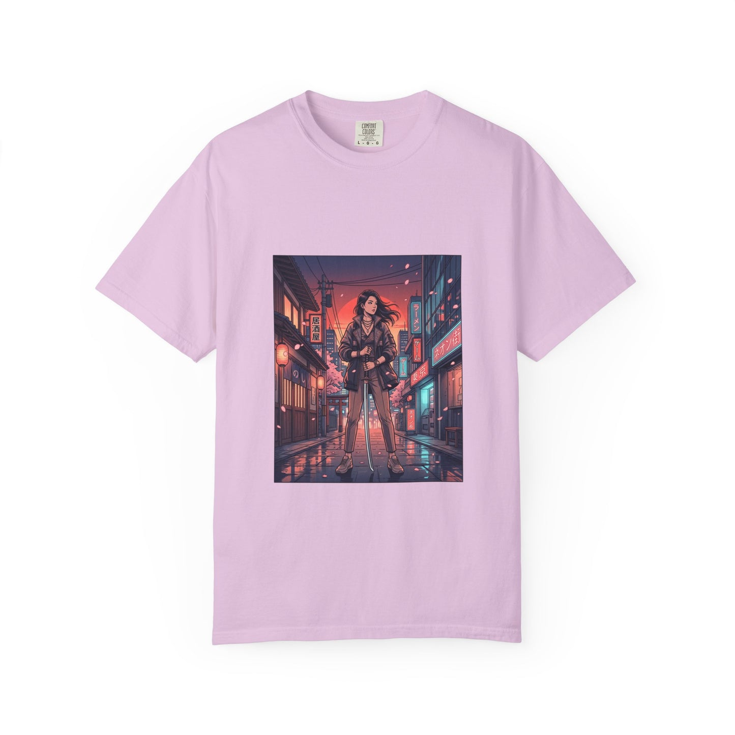 Cyberpunk Night Streets T‑Shirt — Neon Samurai Girl Graphic Tee