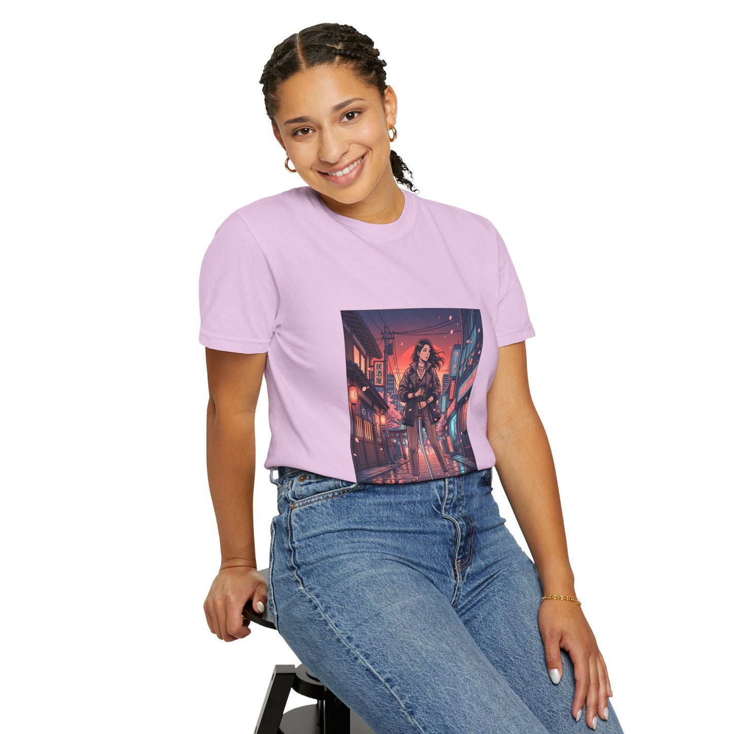 Cyberpunk Night Streets T‑Shirt — Neon Samurai Girl Graphic Tee