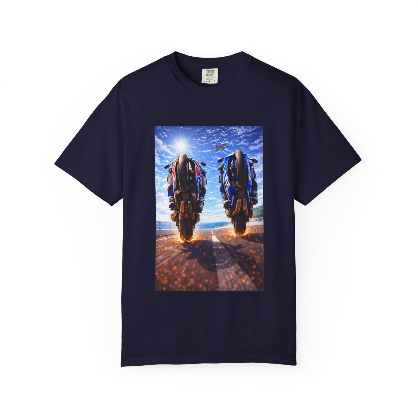 Motorcycle Sunset T-Shirt — Two Bikes Riding Into the Horizon