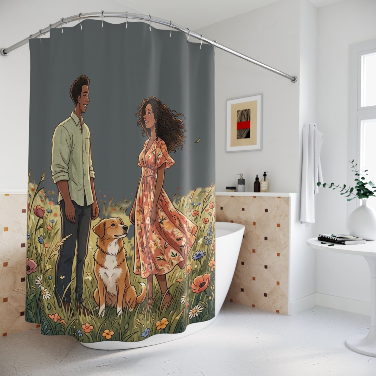 Romantic Meadow Couple Shower Curtain — Floral Fields Bathroom Decor