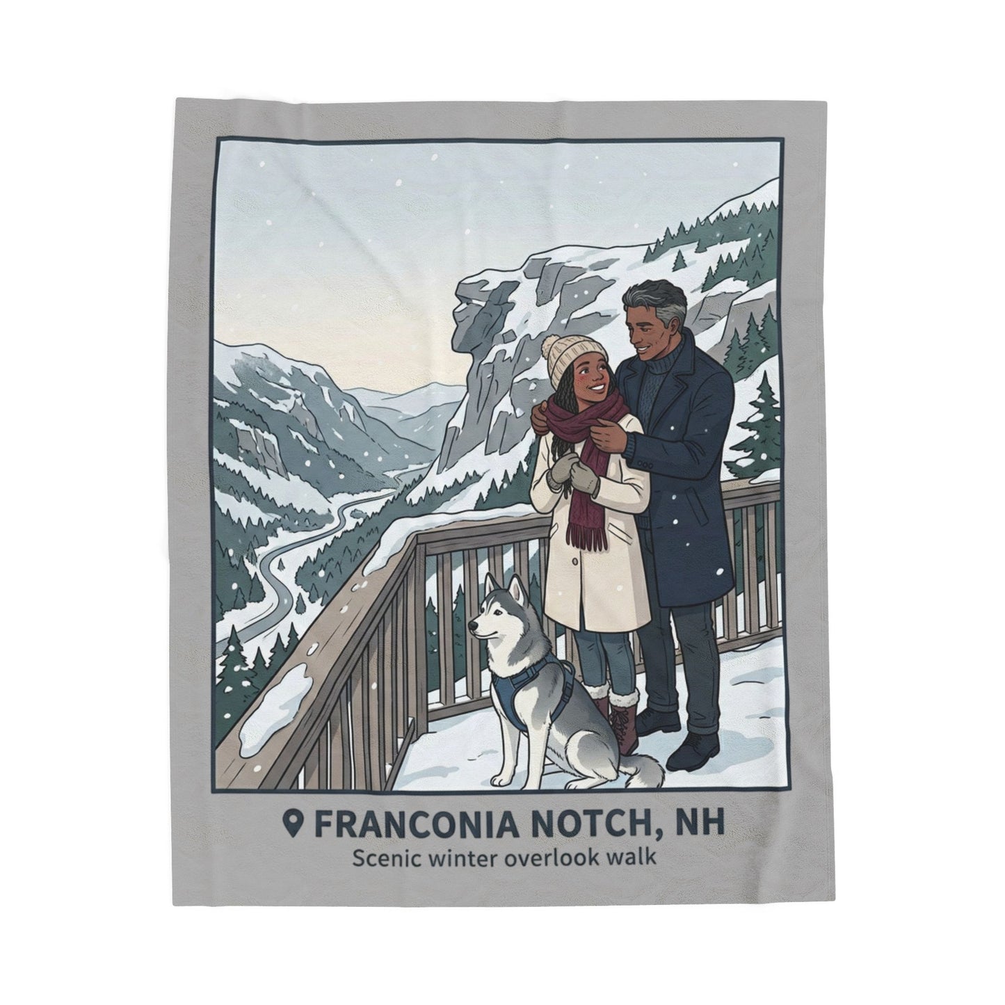 Velveteen Blanket — Franconia Notch NH Winter Scenic Throw with Couple & Husky