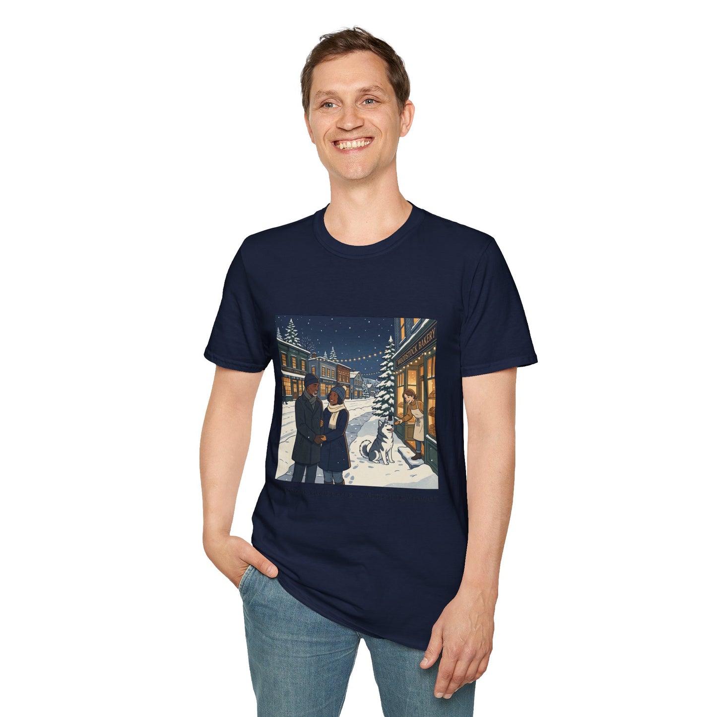 Winter String Lights Stroll T-Shirt — Cozy Holiday Street Scene Graphic Tee
